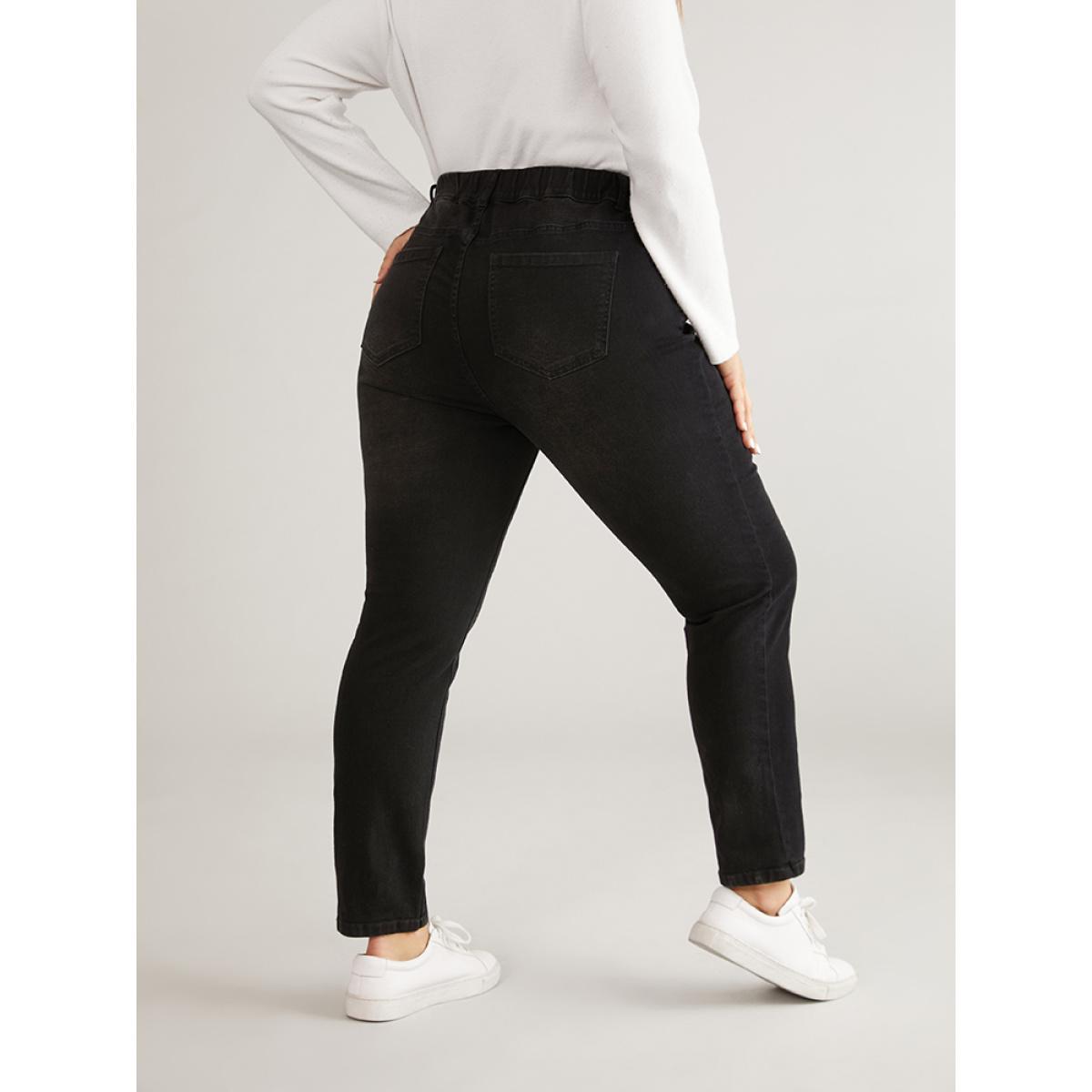 Plus Size Black Wash Elastic Waist Skinny Jeans Women DimGray Casual Plain Plain High stretch Pocket Jeans BloomChic 12/L Product Image