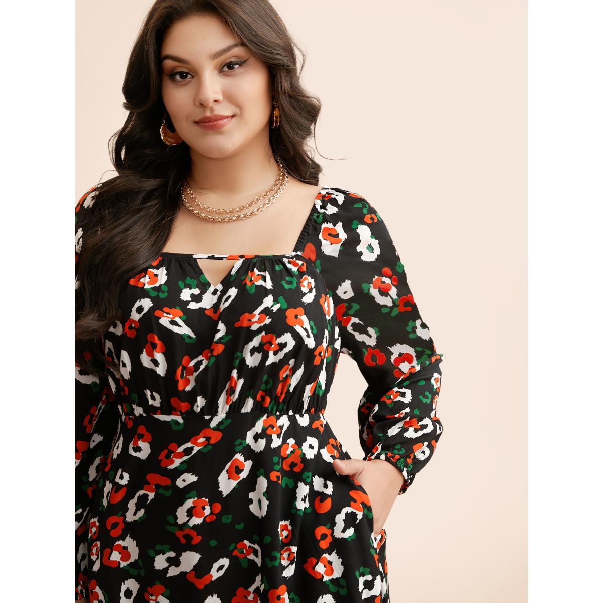 Plus Size Square Neck Animal Print Keyhole Dress Black Women Elegant Gathered Square Neck Long Sleeve Curvy BloomChic 10/M Product Image