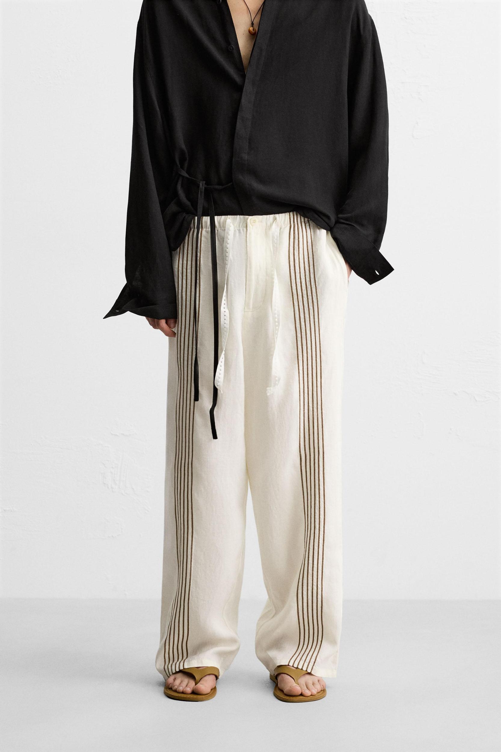 100% LINEN EMBROIDERED PANTS Product Image