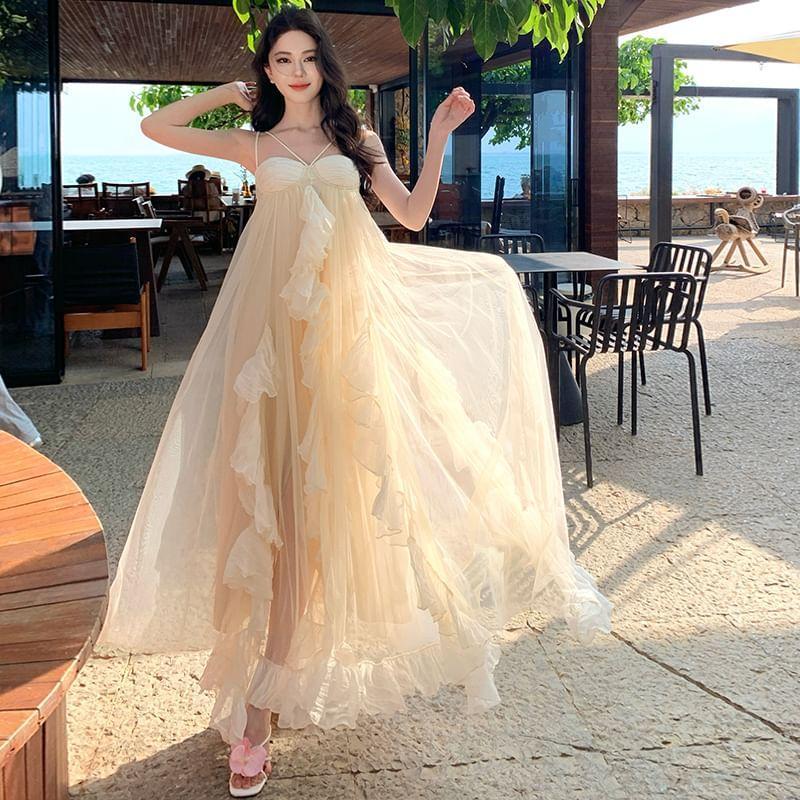 Spaghetti Strap Two-Tone Ruffled Maxi Sundress Product Image