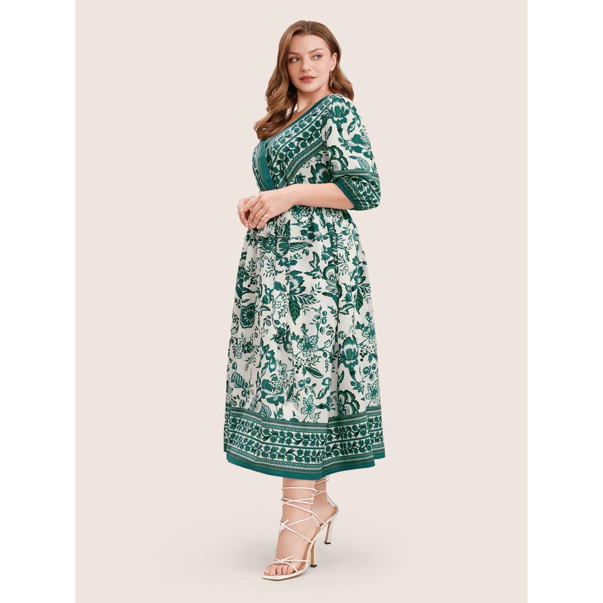 Plus Size Bandana Print Surplice Neck Lantern Sleeve Pocket Belted Midi Dress Green Women Resort Non V-neck Half Sleeve Curvy Midi Dress BloomChic 10/M Product Image