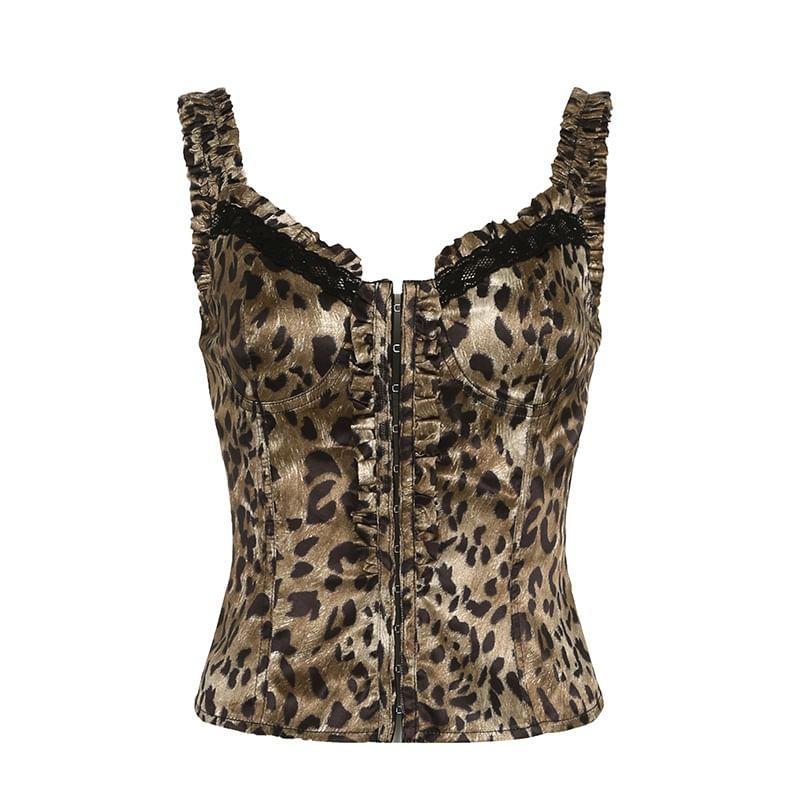 Ruffled-Trim Leopard Print Corset Cami Top Product Image