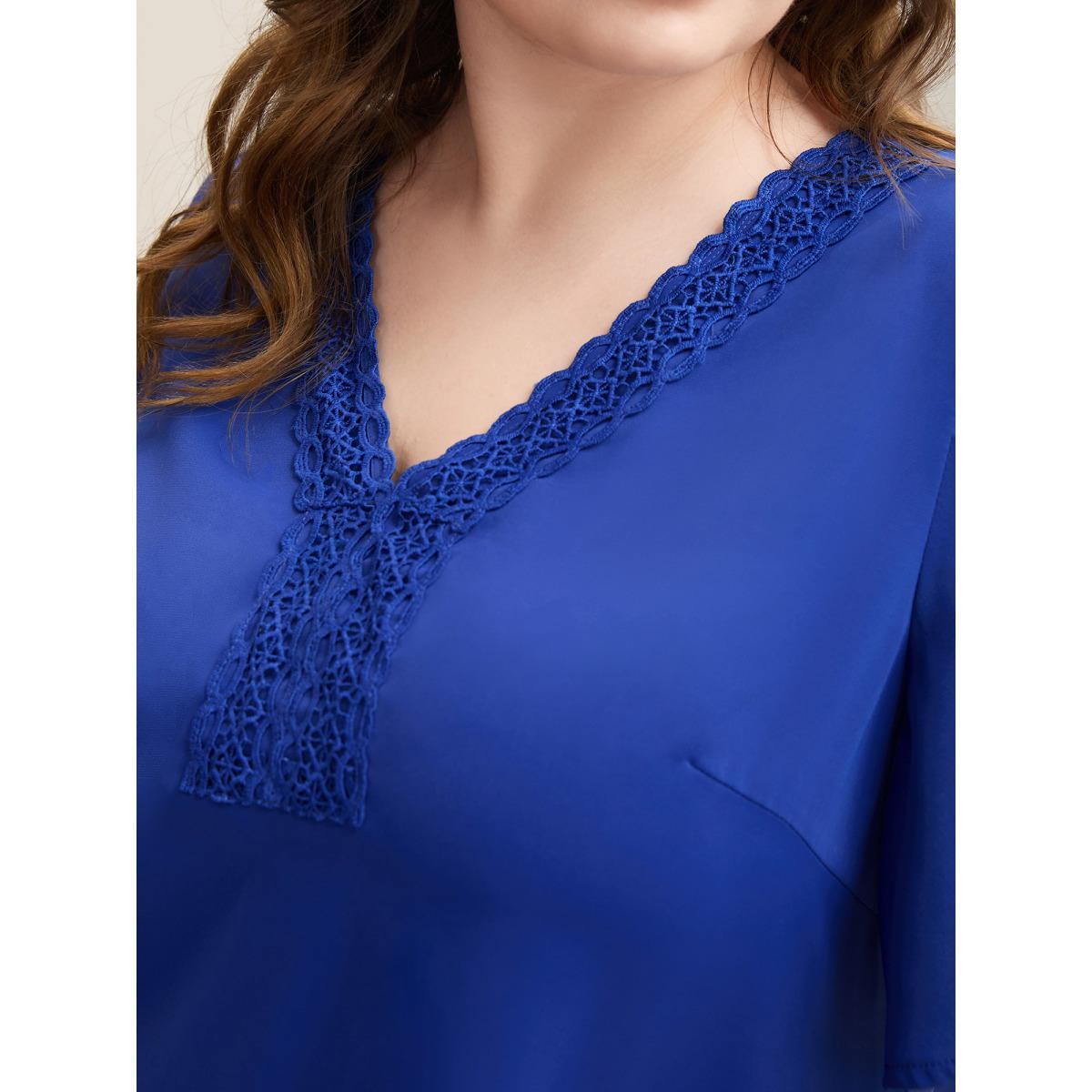 Plus Size DarkBlue Lace V-Neck Lotus Leaf Sleeve Plain Blouse Women Elegant Short sleeve V-neck Everyday Blouses BloomChic 26/4X Product Image