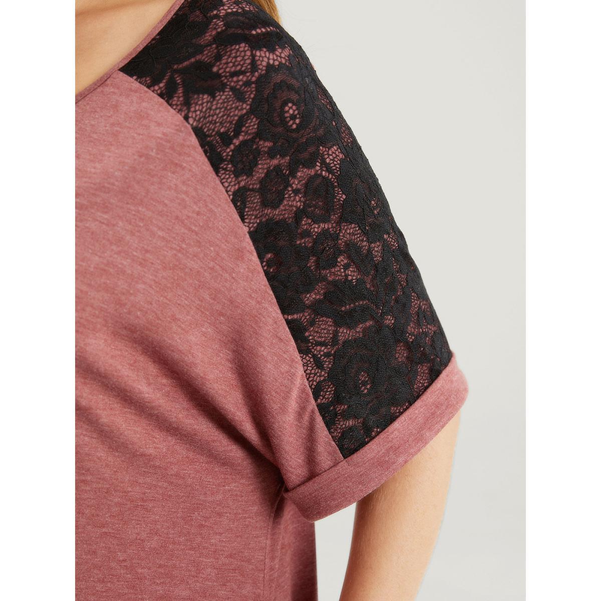 Plus Size Plain Lace Patchwork Button Detail Pocket Dress DustyPink Women Casual Patchwork V-neck Short sleeve Curvy Knee Dress BloomChic 30/6X Product Image