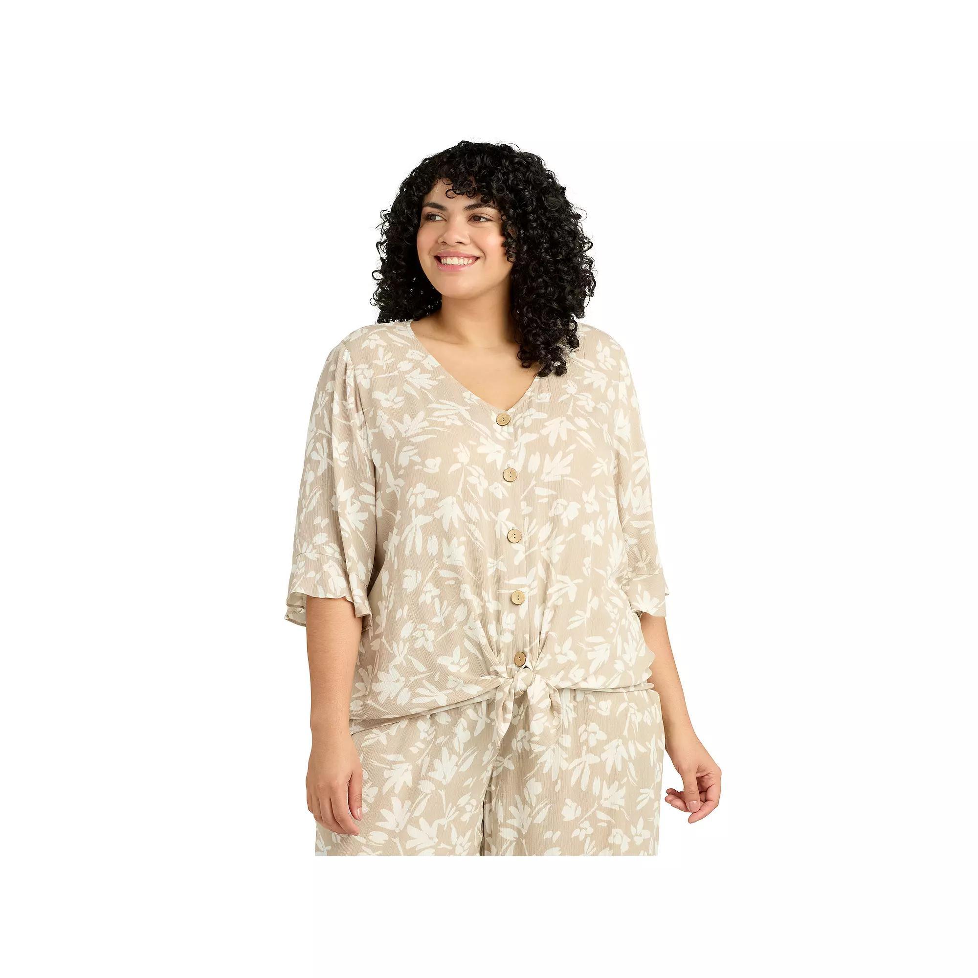Plus Size AB Studio Elbow Sleeve Button-Front Top, Womens Brown Grnd Floral Product Image