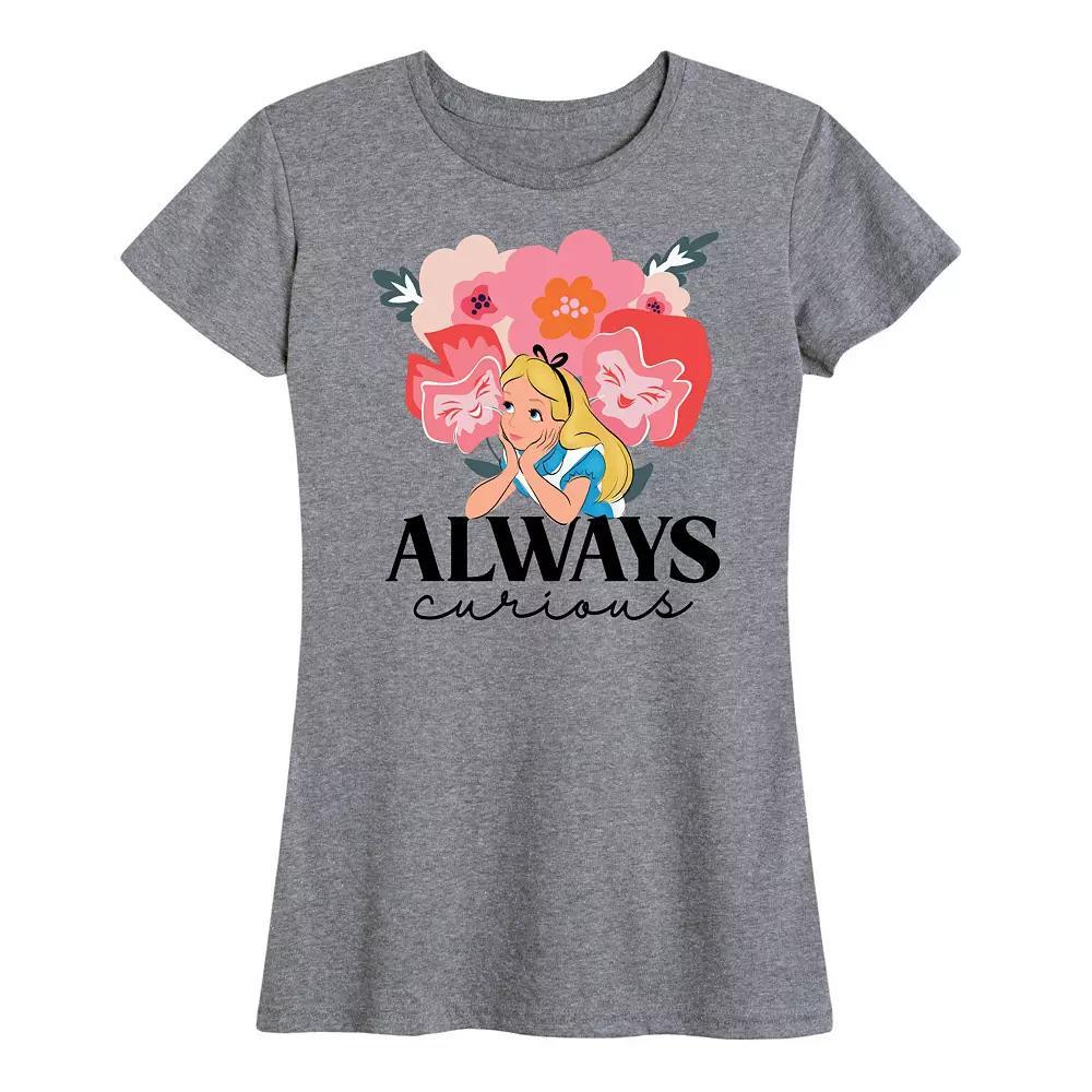 Disneys Alice in Wonderland Womens Always Curious Graphic Tee, Girls Grey Gray Product Image