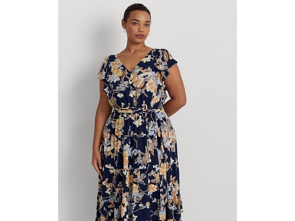 Lauren Ralph Lauren Plus Size Floral Bubble Crepe Dress (Navy Multi) Women's Dress Product Image