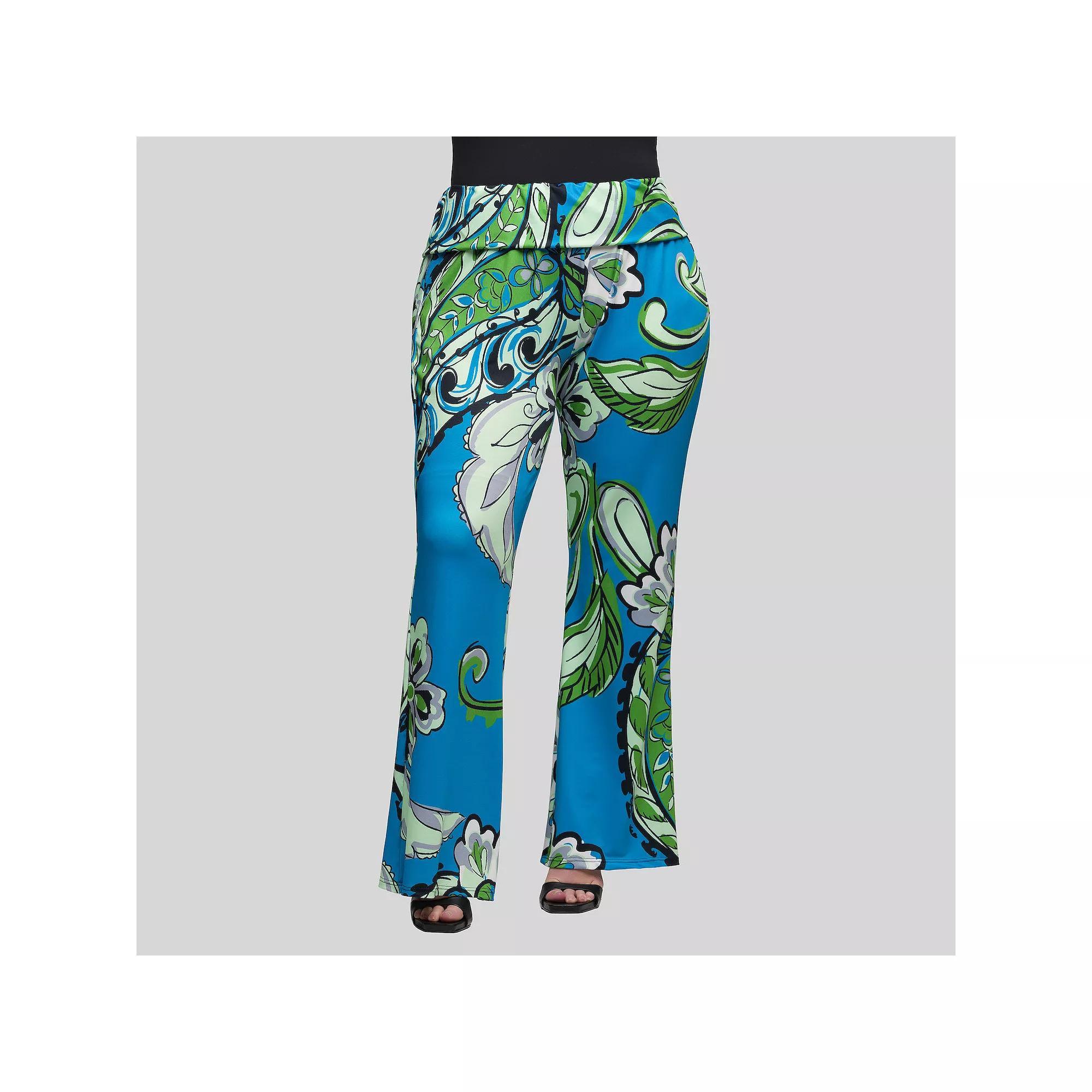 Plus Size 24Seven Comfort Apparel Bell Bottom Foldover Waist Pants, Women's, Size: 3XL, Blue Team Product Image