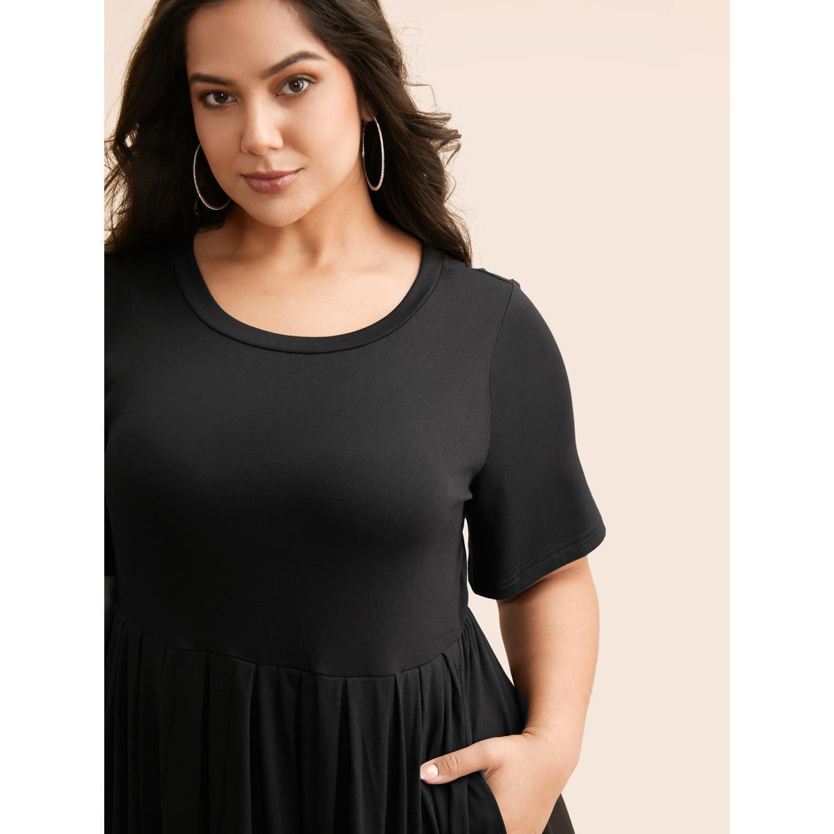 Plus Size Supersoft Essentials Solid Pleated Round Neck Midi Dress Black Women Casual Plain Round Neck Short sleeve Curvy Midi Dress BloomChic 12/L Product Image