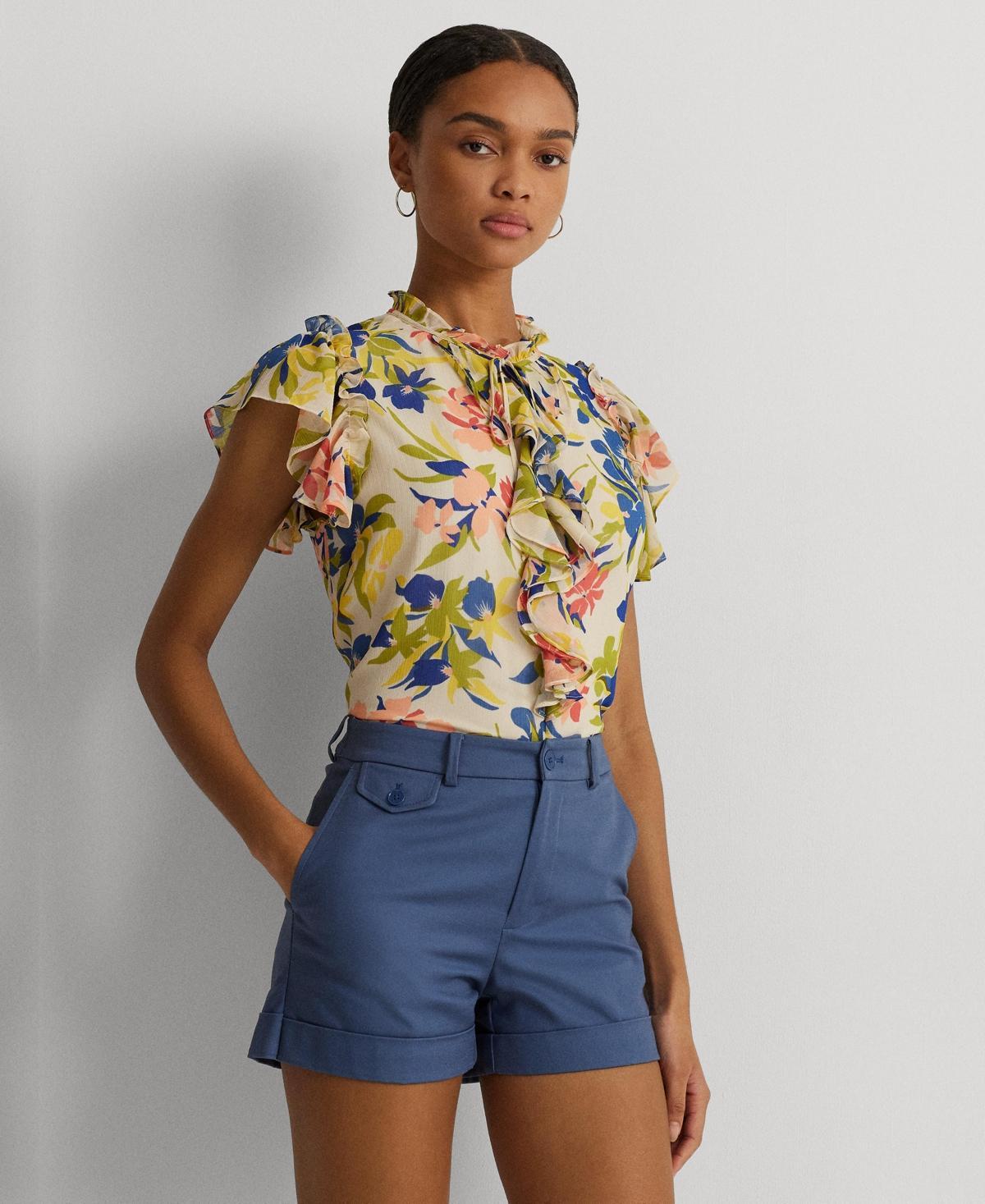 Lauren Ralph Lauren Floral Ruffle-Trim Georgette Blouse (Cream Multi) Women's Clothing Product Image