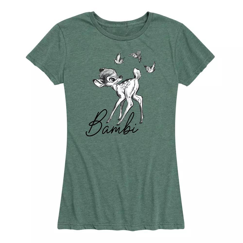 Disneys Bambi Womens Black White Watercolor Graphic Tee Grey Dark Red Product Image