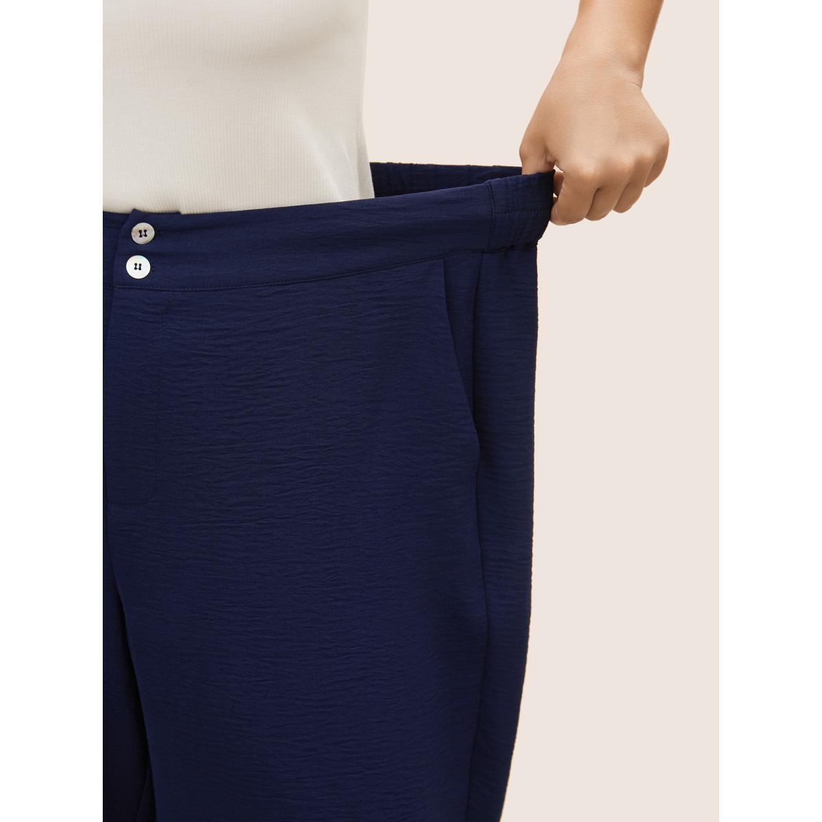 Plus Size Solid Button Up Gathered Wide Leg Pants Women Indigo Elegant Wide Leg Mid Rise Everyday Pants BloomChic 26/4X Product Image