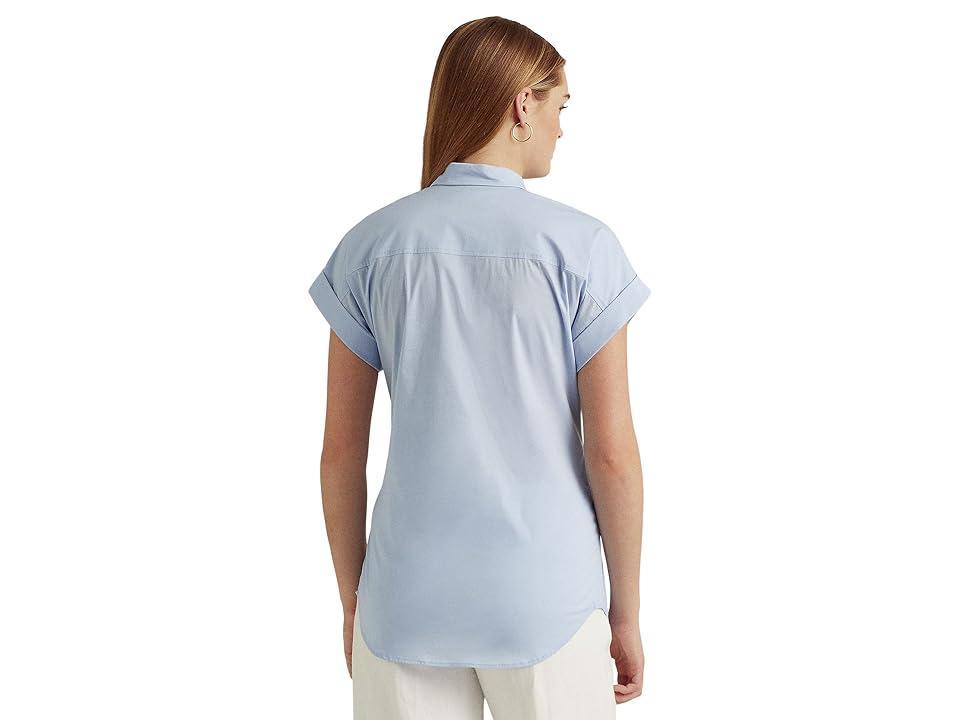 Lauren Ralph Lauren Twist-Front Cotton Short Sleeve Shirt (Pebble Blue) Women's Clothing Product Image