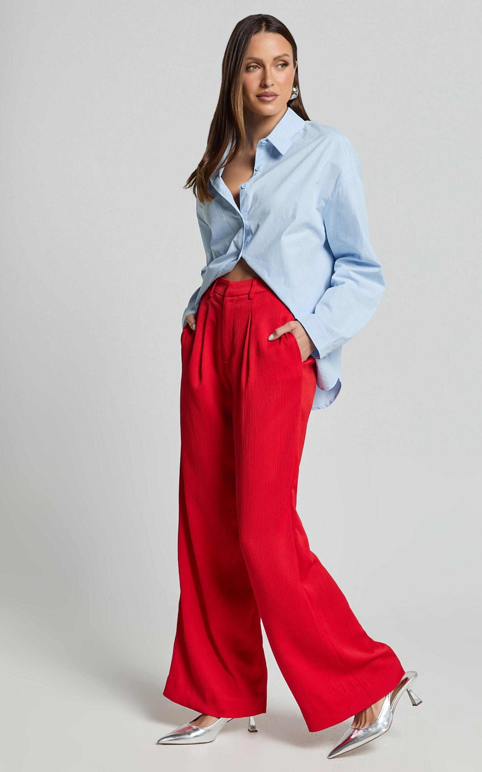 Jacie Pants - High Waisted Relaxed Textured Pants in Red Product Image