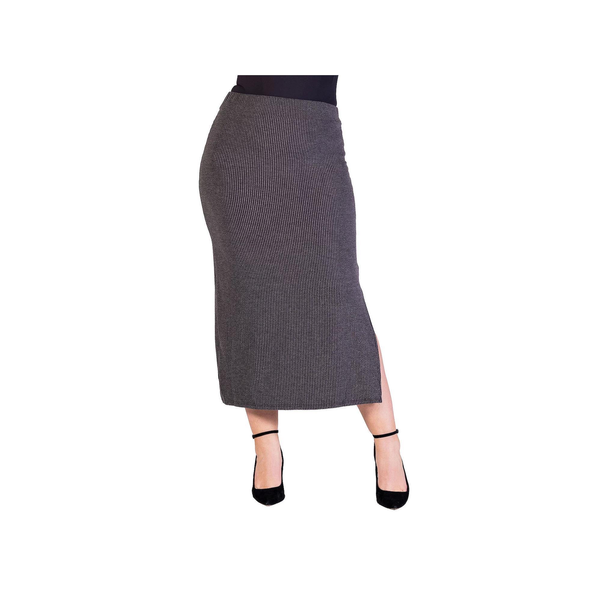 Plus Size 24Seven Comfort Apparel Ribbed Knit Side Slit Elastic Waist Maxi Skirt, Women's, Size: 1XL, Black Product Image