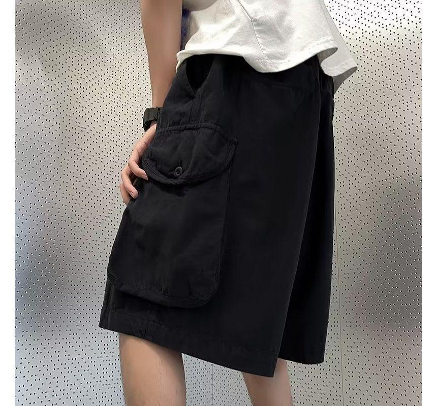 Drawstring Waist Plain Cargo Shorts Product Image