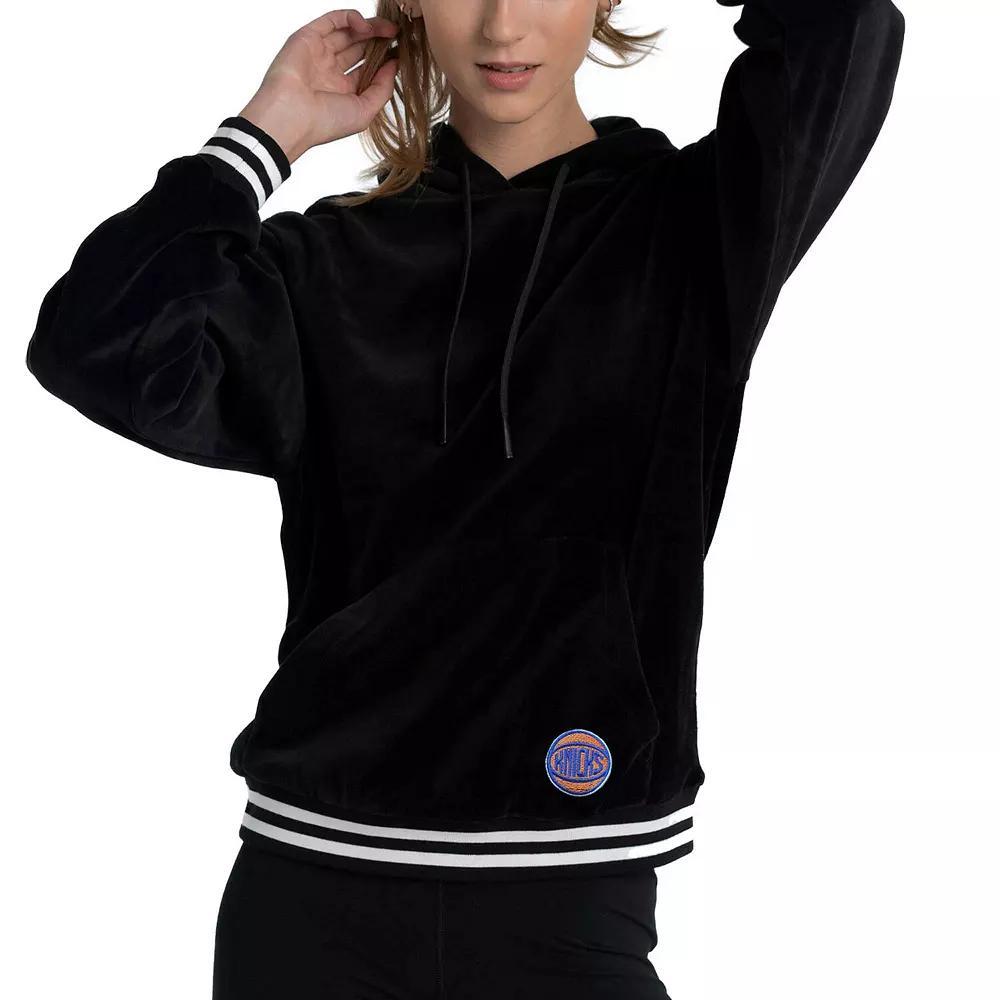 Women's Lusso Black New York Knicks Nellie Oversized Velour Pullover Hoodie, Size: 2XL Product Image
