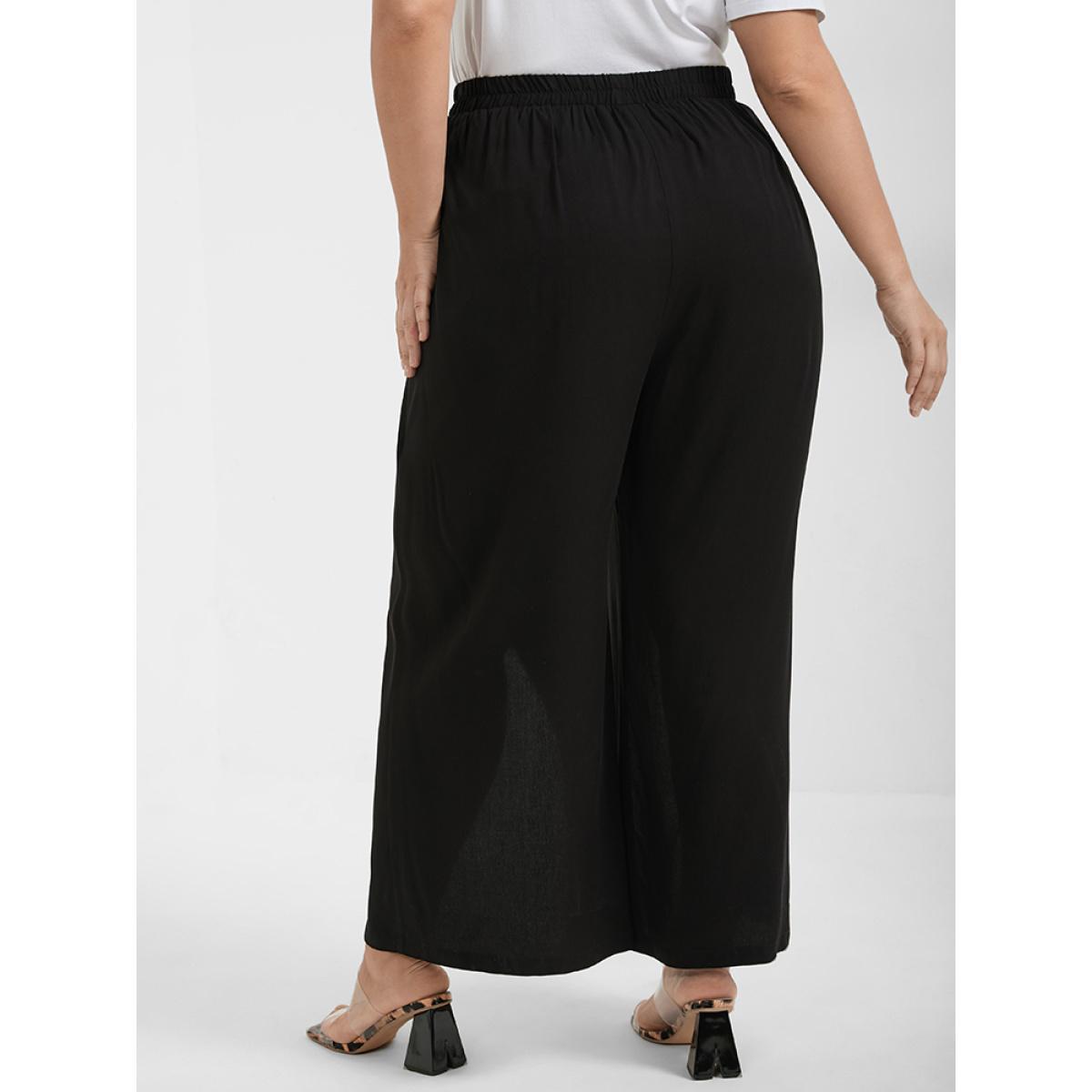 Plus Size Solid Wrap Split Pocket Knot Waist Pants Women Black Casual Wide Leg High Rise Dailywear Pants BloomChic 30/6X Product Image