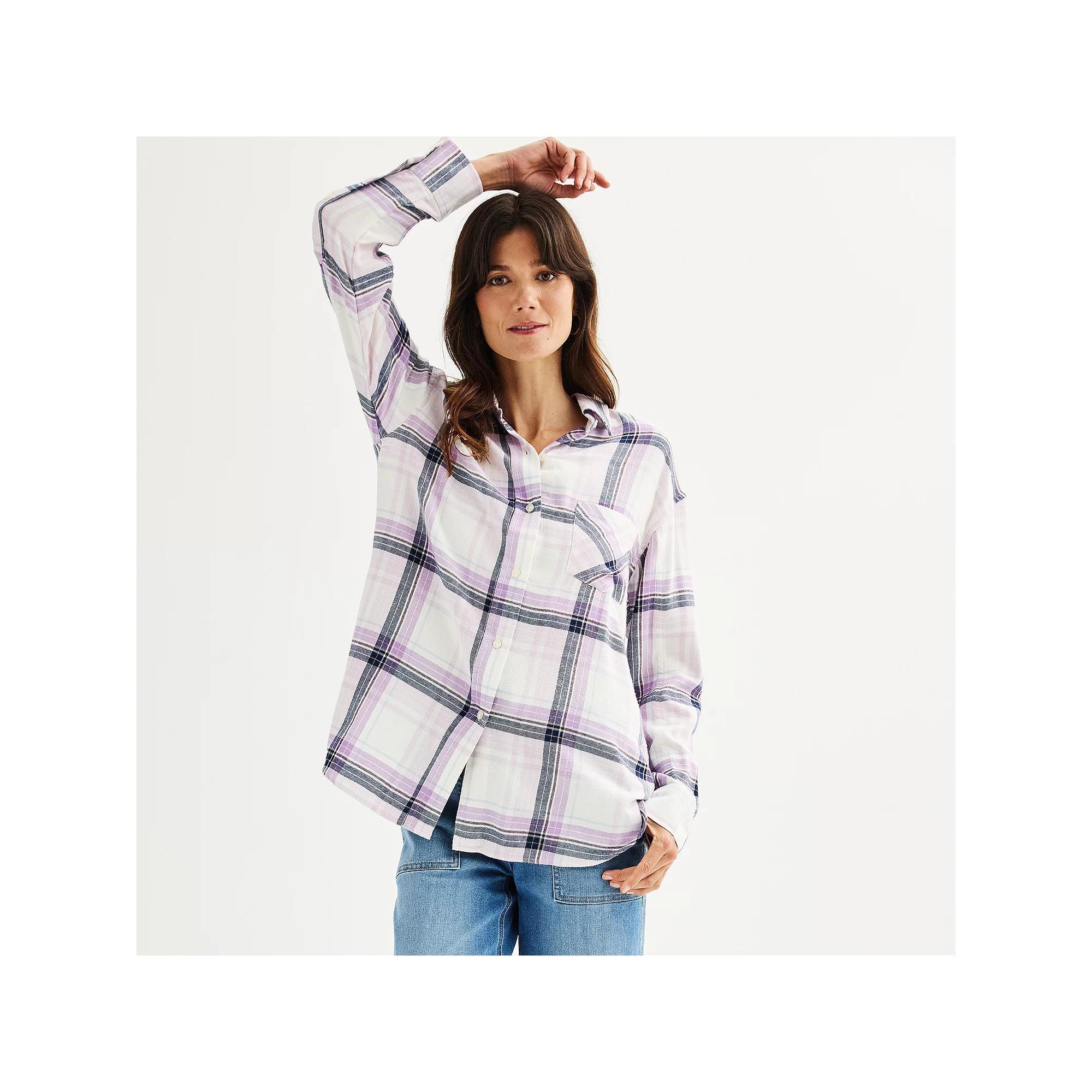 Petite Sonoma Goods For Life® Oversized Boyfriend Flannel, Women's, Size: Large Petite, Moss Green Plaid Product Image
