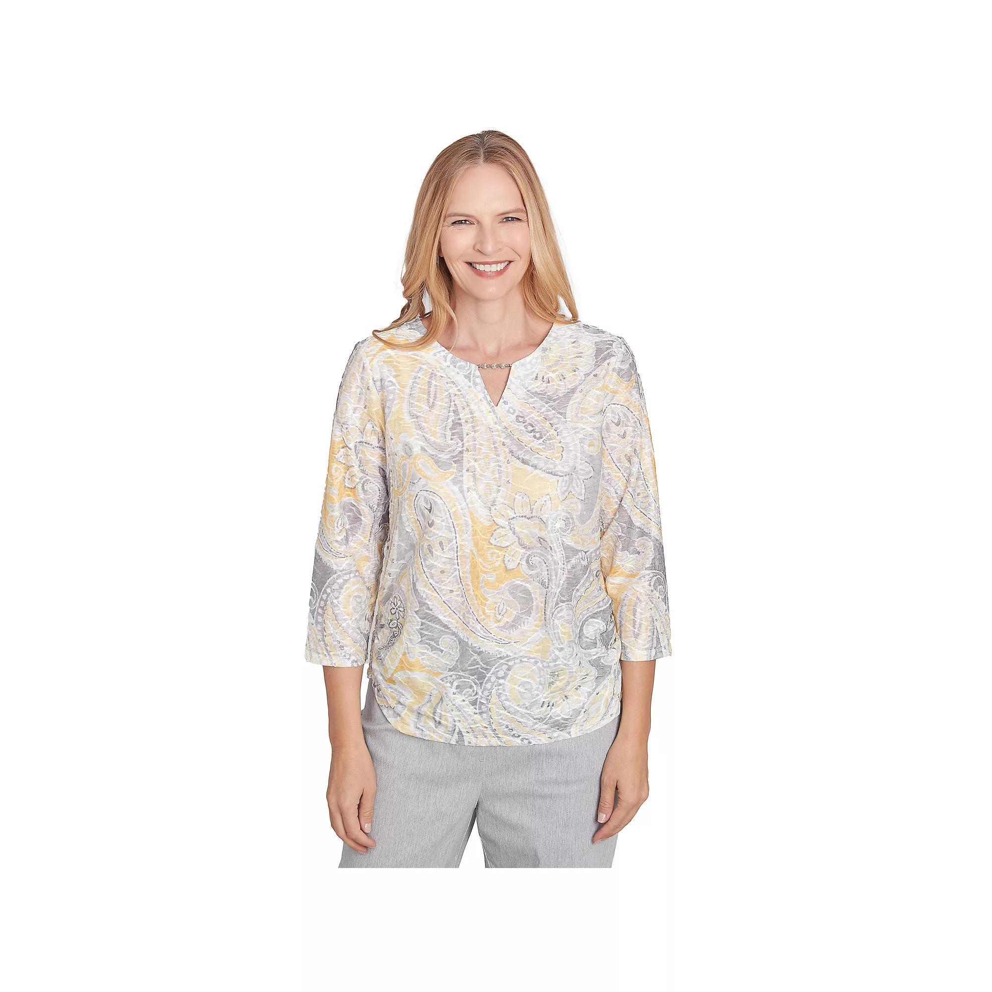 Petite Alfred Dunner Textured Paisley Beaded Neck Top, Women's, Size: Medium Petite, Gray Team Product Image
