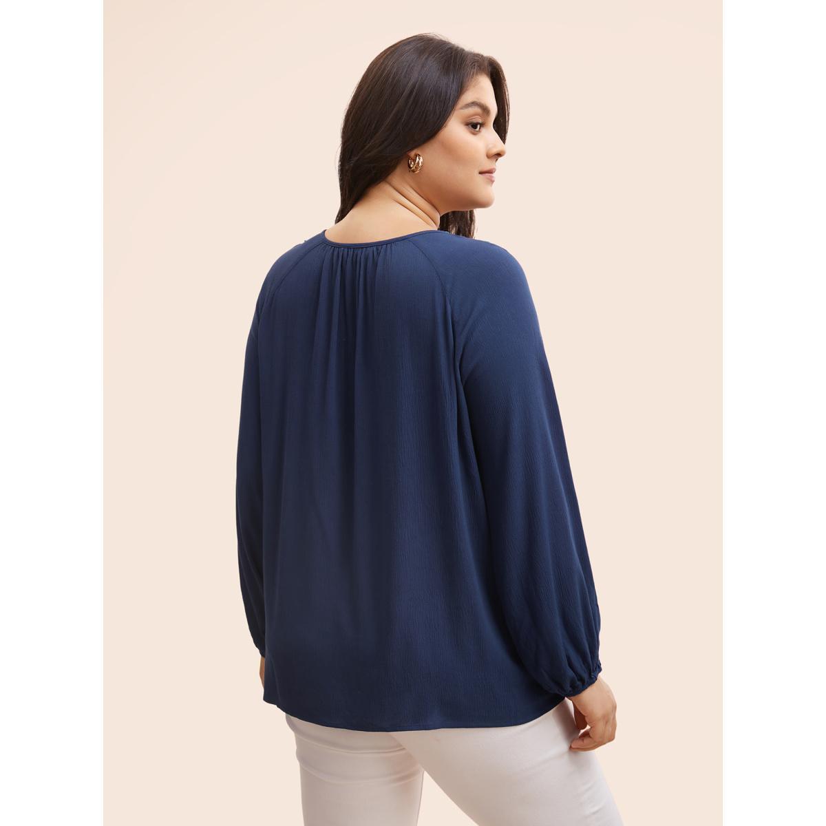 Plus Size Indigo Texture Woven Ribbon Gathered Blouse Women Elegant Long Sleeve Round Neck Everyday Blouses BloomChic 30/6X Product Image