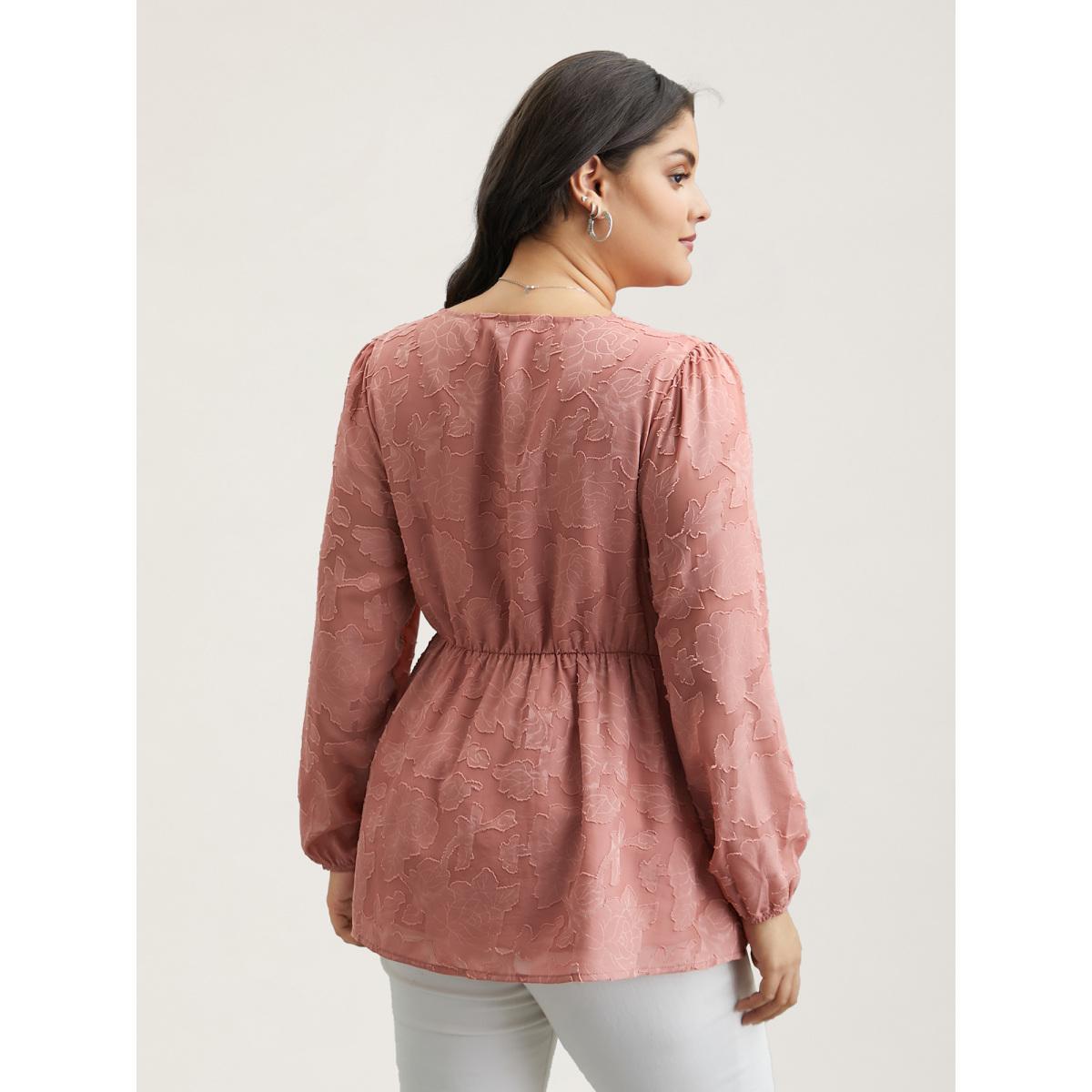Plus Size Rouge Textured Waist-Cinched Lined Button Shirt Women Elegant Extra Long Sleeve Deep V-neck Everyday Blouses BloomChic 30/6X Product Image