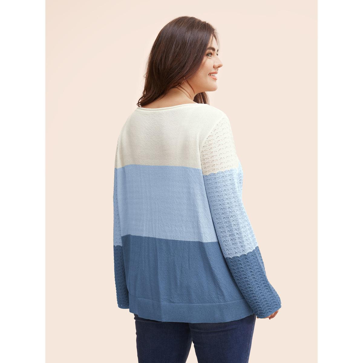 Plus Size Color Contrast Boat Neck Lightweight Pullover Skyblue Women Casual Loose Long Sleeve Boat Neck Everyday Pullovers BloomChic 22-24/3X Product Image