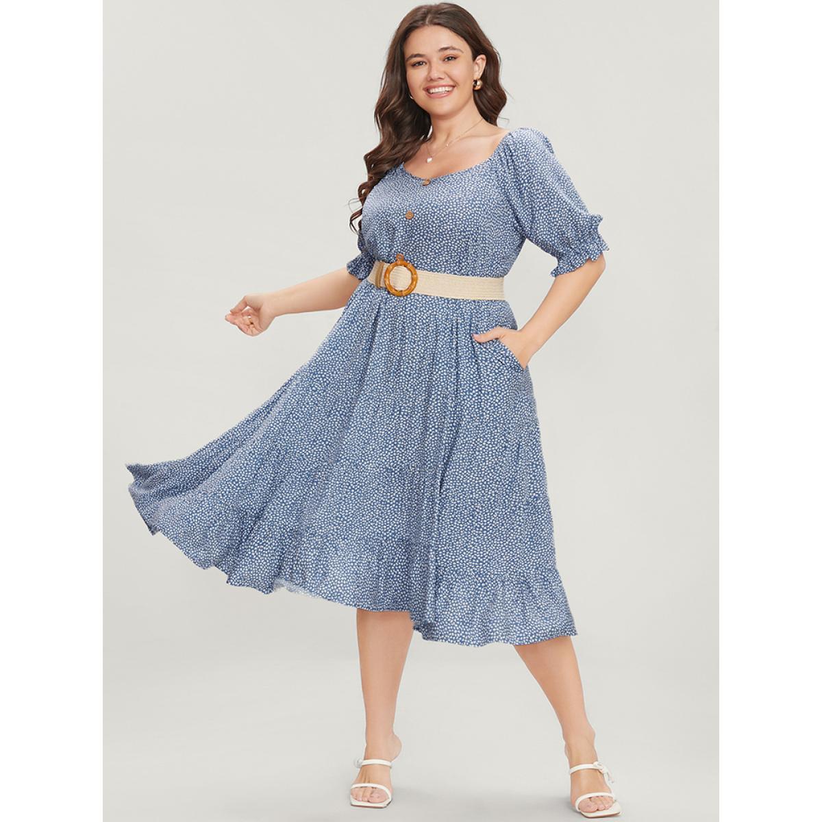 Plus Size Geometric Button Detail Lantern Sleeve Ruffle Tiered Dress LightBlue Women Elegant Patchwork V-neck Half Sleeve Curvy Midi Dress BloomChic 18-20/2X Product Image