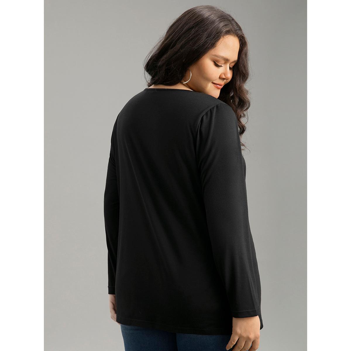 Plus Size Plain Cut Out Long Sleeve T-shirt Black Women Casual Plain Plain Keyhole Cut-Out Dailywear T-shirts BloomChic 10/M Product Image