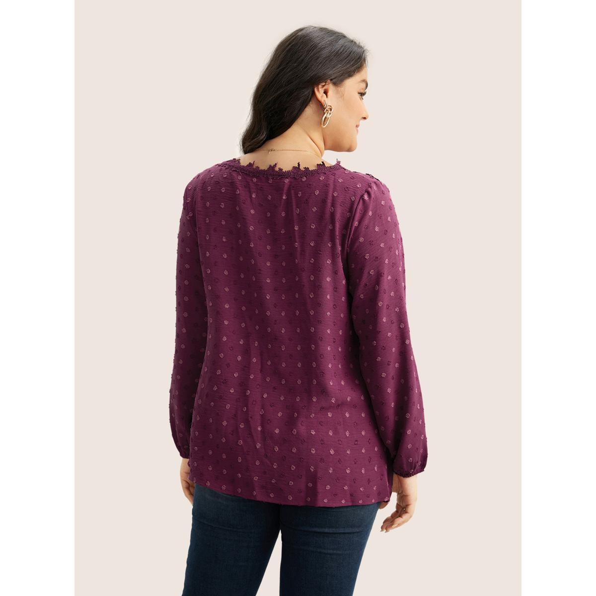Plus Size Purple Plisse Eyelet Lace Elastic Cuffs Blouse Women Elegant Long Sleeve V-neck Everyday Blouses BloomChic 18-20/2X Product Image