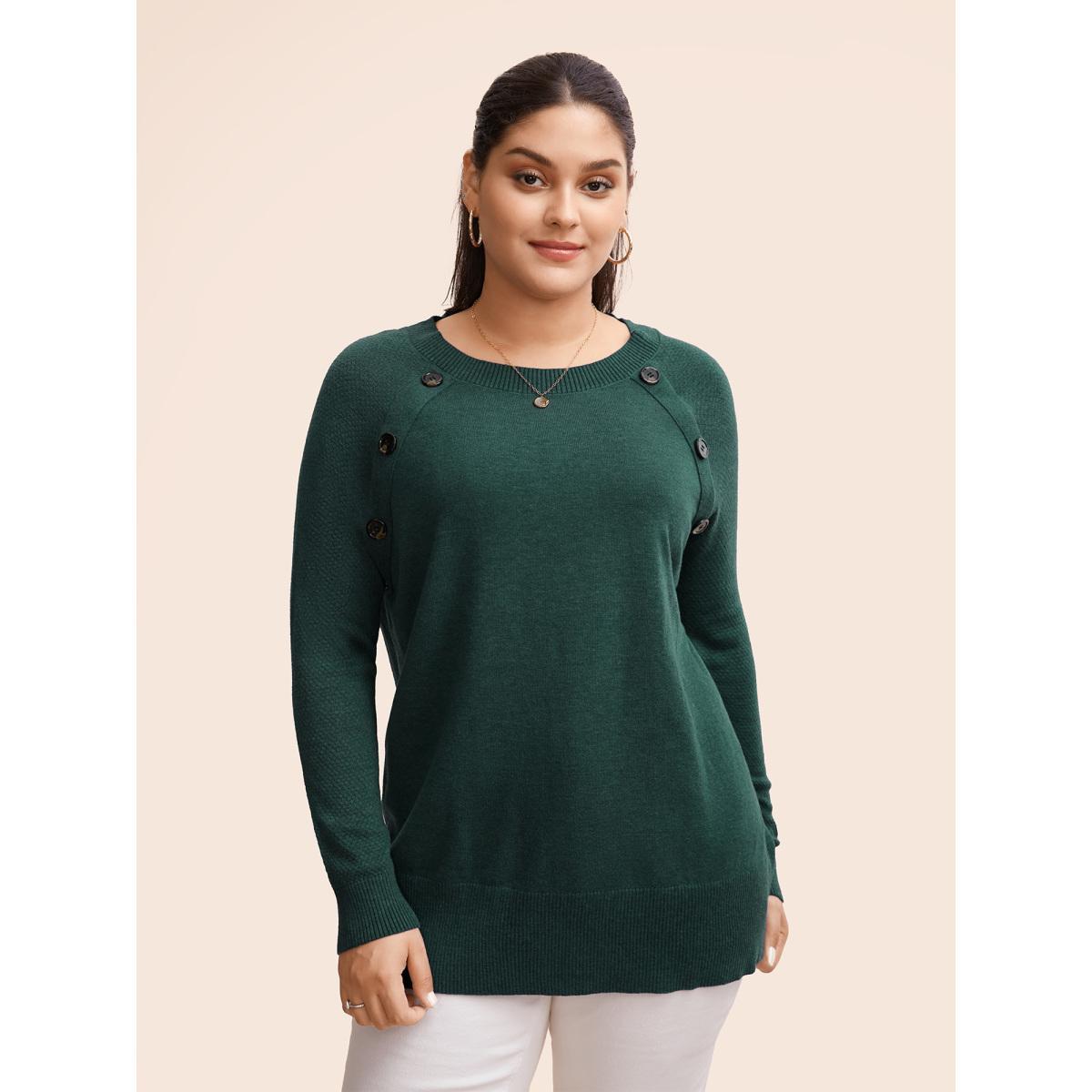 Plus Size Supersoft Essentials Button Detail Raglan Sleeve Pullover DarkGreen Women Casual Long Sleeve Round Neck Dailywear Pullovers BloomChic 12/L Product Image