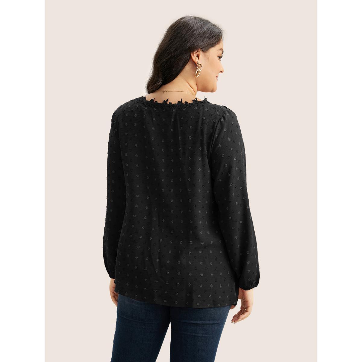 Plus Size Black Plisse Eyelet Lace Elastic Cuffs Blouse Women Elegant Long Sleeve V-neck Everyday Blouses BloomChic 30/6X Product Image