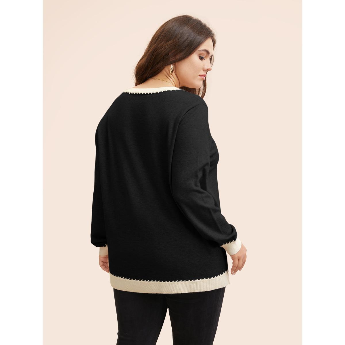 Plus Size Supersoft Essentials V Neck Contrast Crochet Pullover Black Women Casual Long Sleeve V-neck Everyday Pullovers BloomChic 12/L Product Image