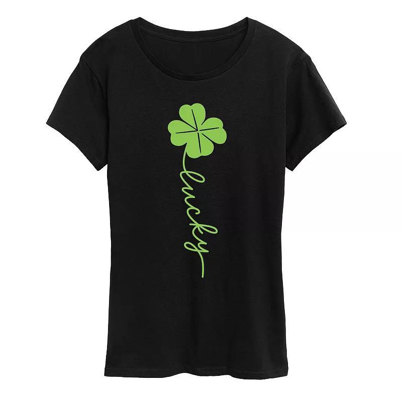 Womens Lucky Script Four Leaf Clover Graphic Tee, Girls Product Image