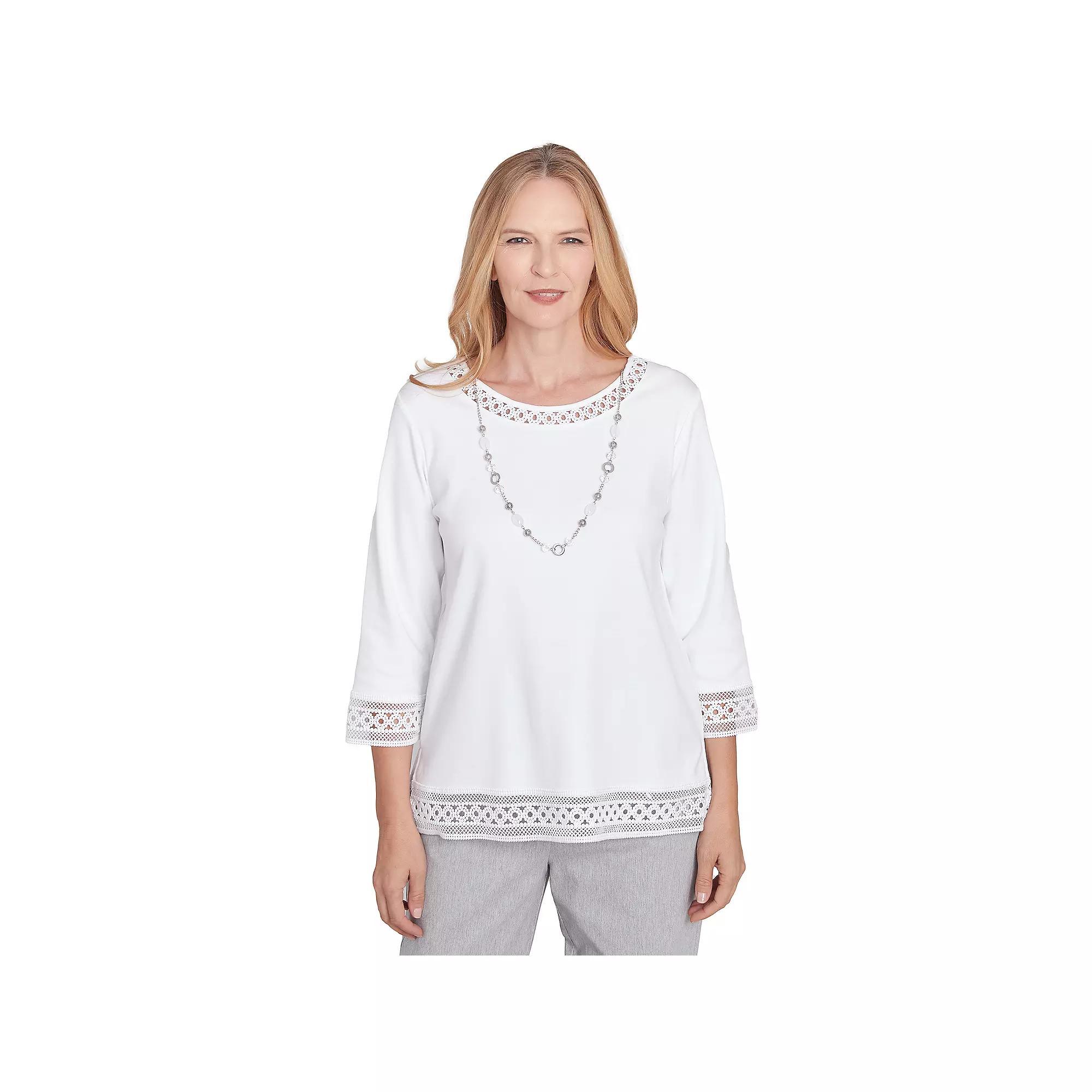 Womens Alfred Dunner Solid Lace Trim Top with Necklace Product Image