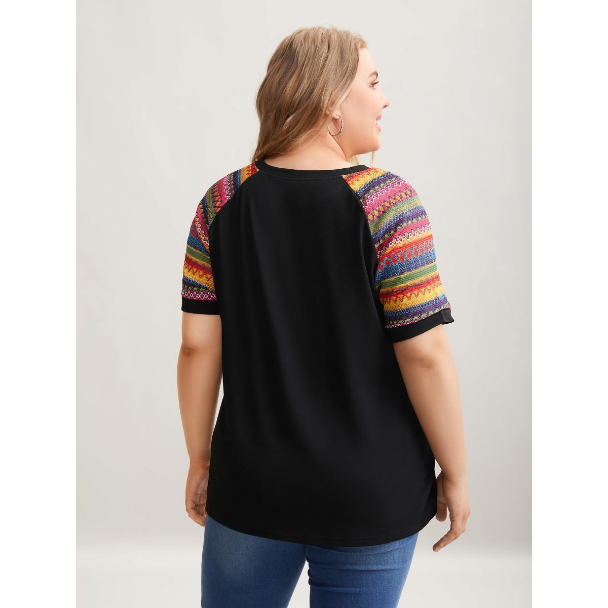 Plus Size Multi-Color Striped Sleeve Spliced T-Shirt Black Women Casual Contrast Round Neck Everyday T-shirts BloomChic 28/5X Product Image