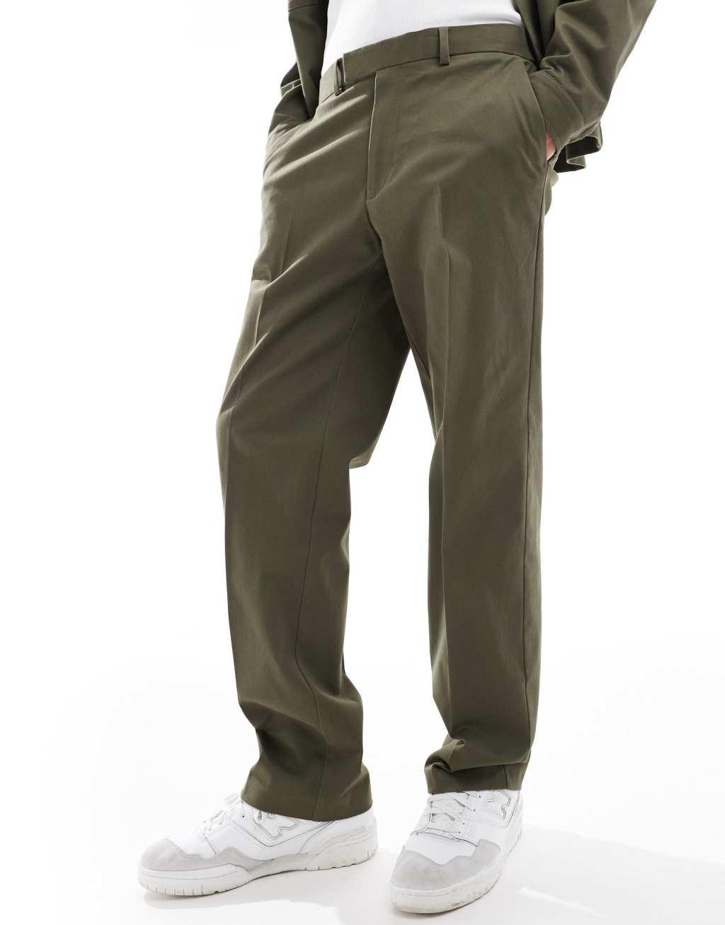 ASOS DESIGN smart straight leg pants in khaki with elastic waist - part of a set Product Image