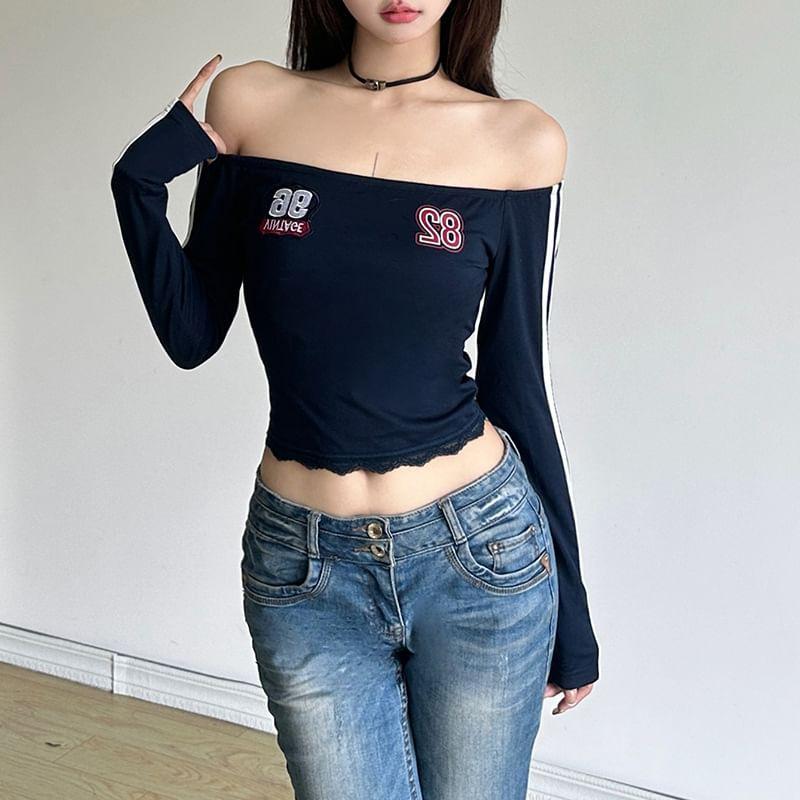 Long-Sleeve Off-Shoulder Number Embroidered Striped Lace Trim Cropped T-Shirt Product Image