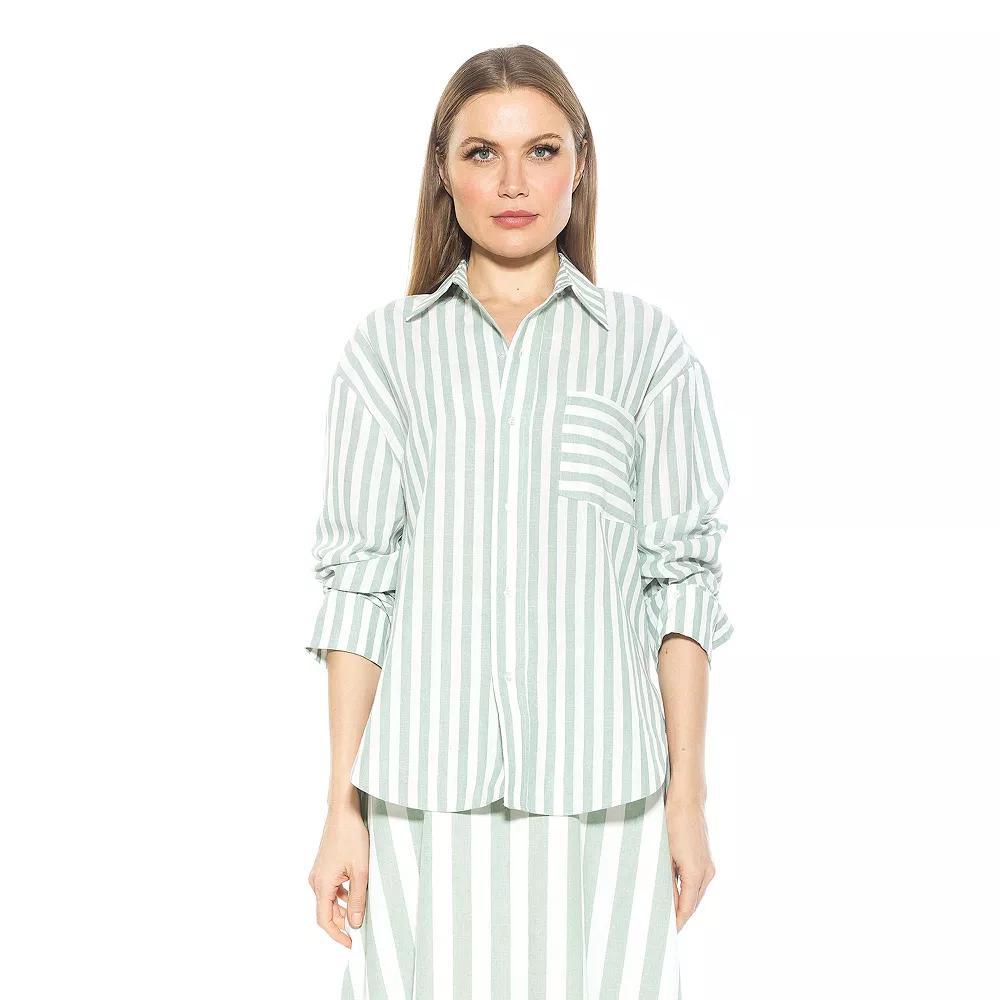 Women's ALEXIA ADMOR Tammi Striped Oversized Boyfriend Shirt, Size: 2, Green Stripe Product Image