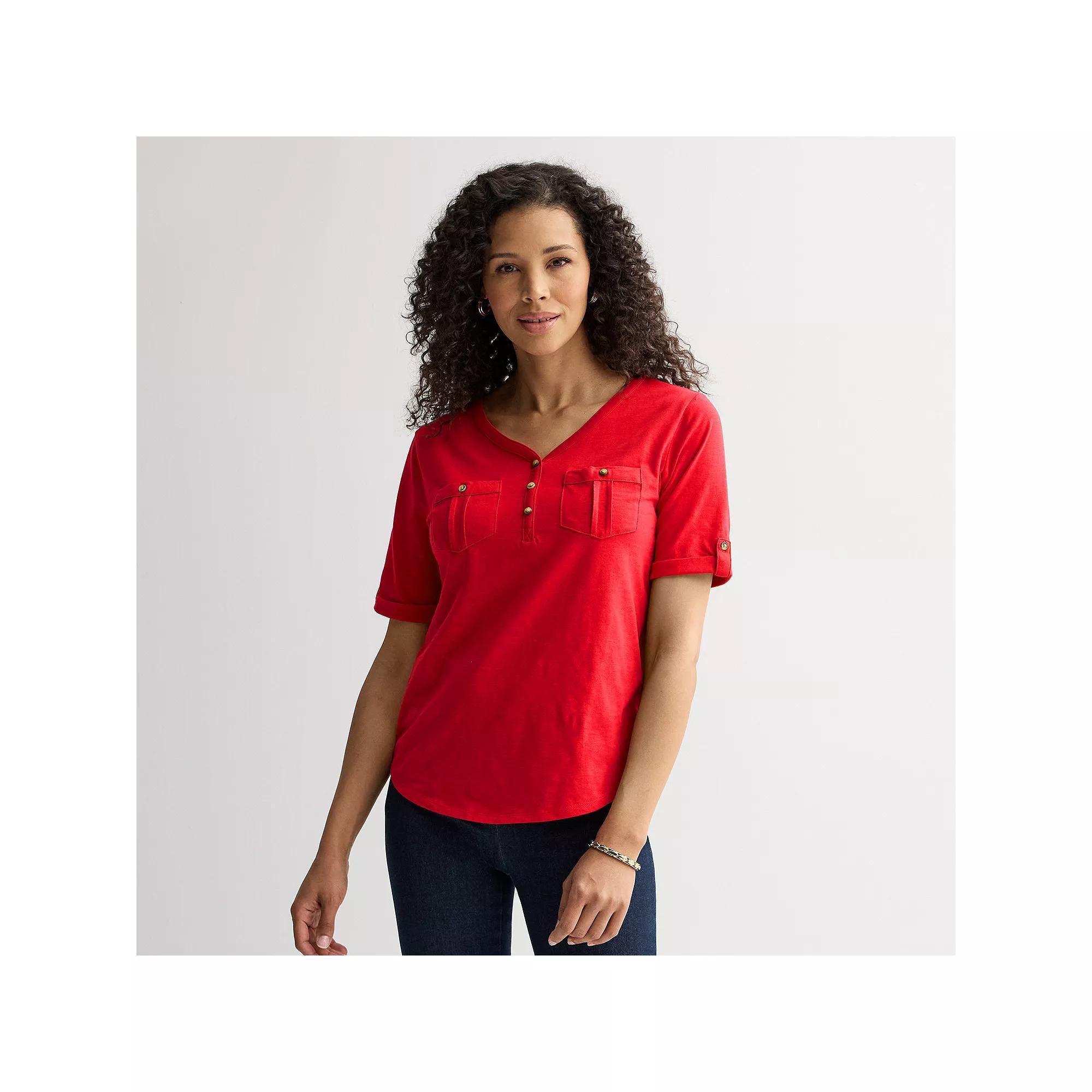 Women's Croft & Barrow® Elbow Sleeve Utility Henley Top, Size: XXL, Barefoot Beach Product Image