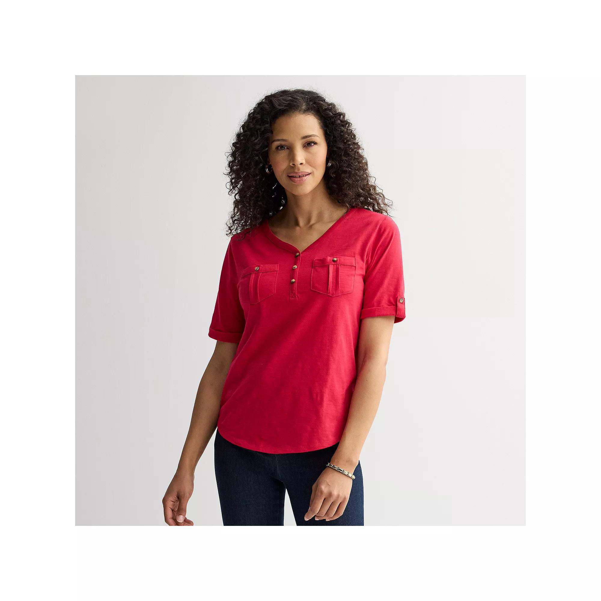 Women's Croft & Barrow® Elbow Sleeve Utility Henley Top, Size: Large, Maui Pink Product Image