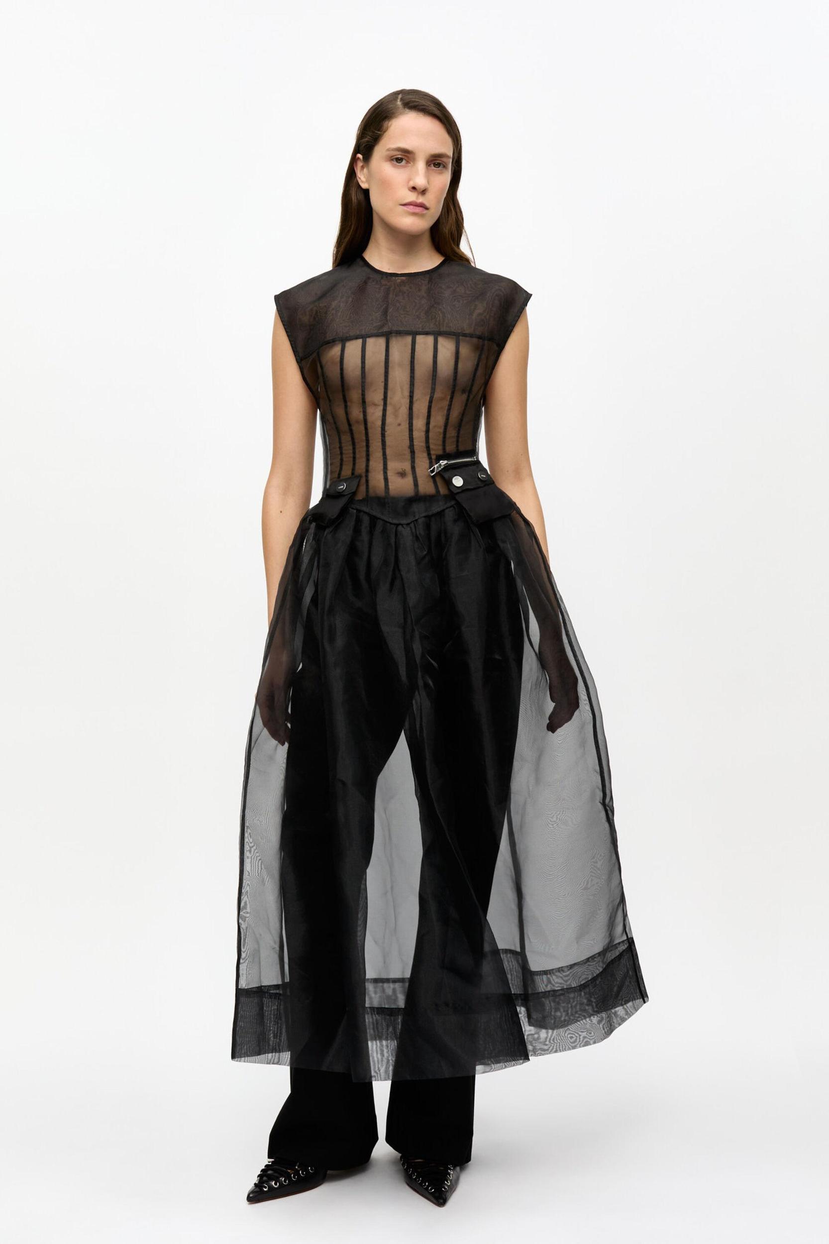 Black Technical Organza Corset Midi Dress Product Image