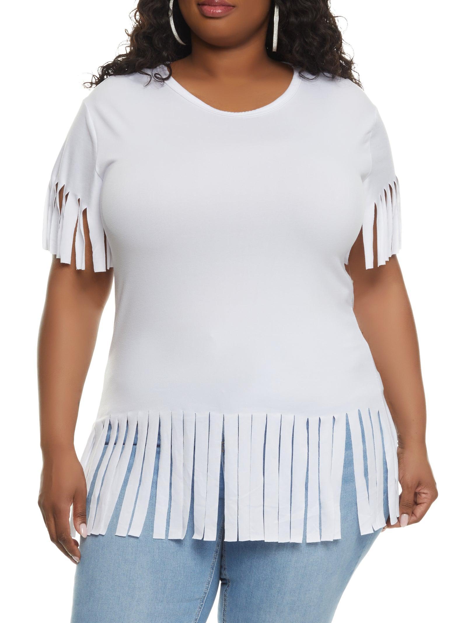 Womens Plus Size Short Sleeve Fringe Hem T Shirt Product Image