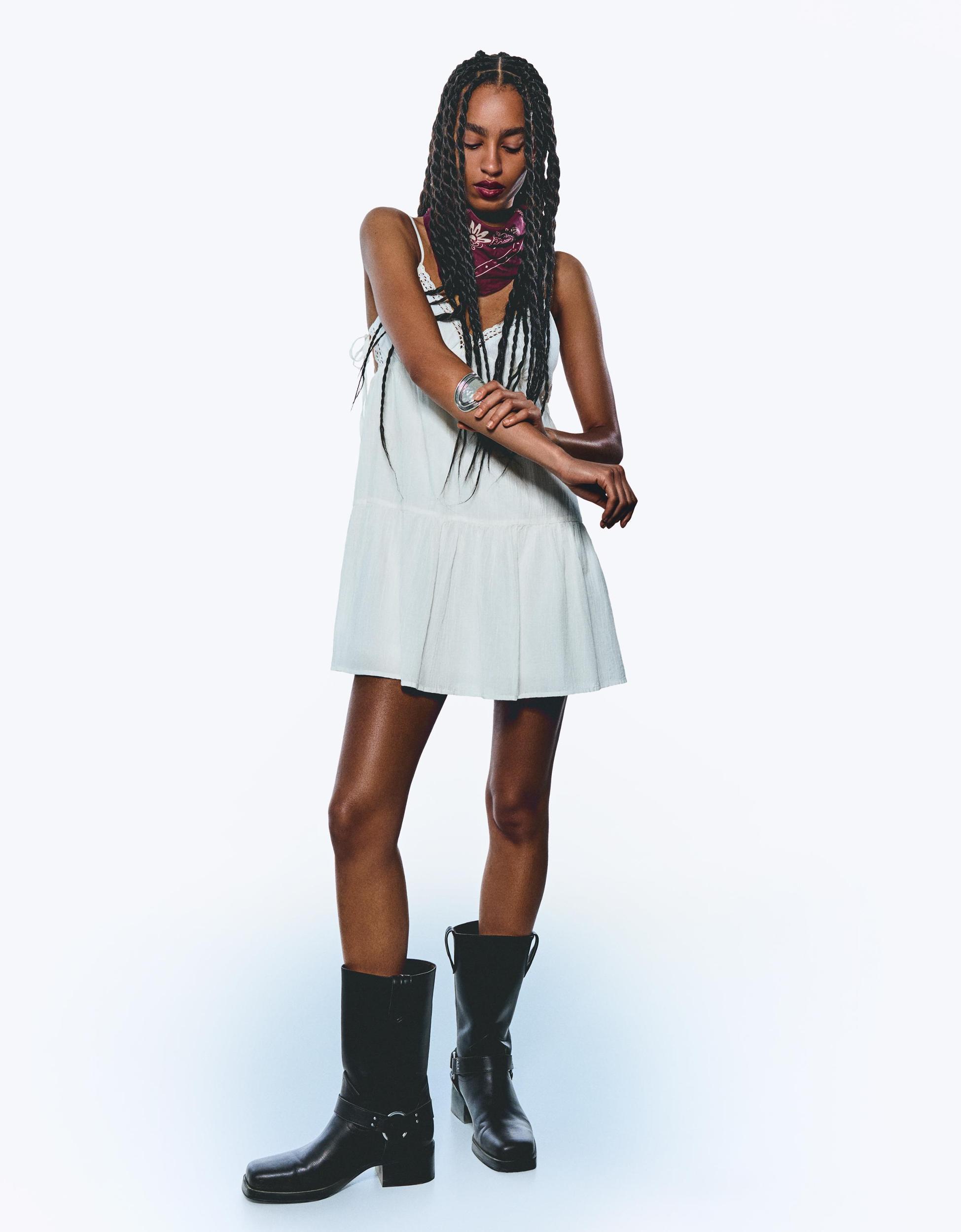 Textured mini dress with lace trim Product Image