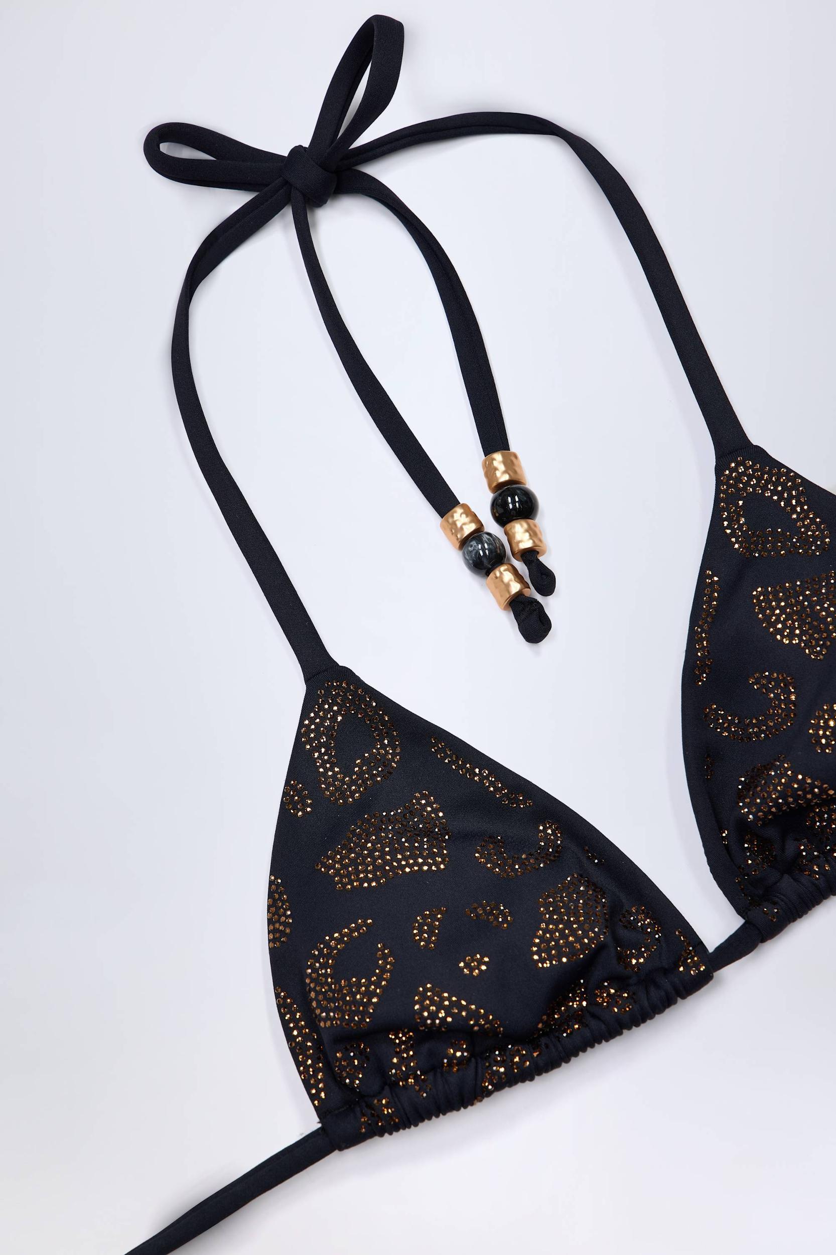 Bead-Detail Triangle Bikini Top in Black Leopard Hotfix Product Image