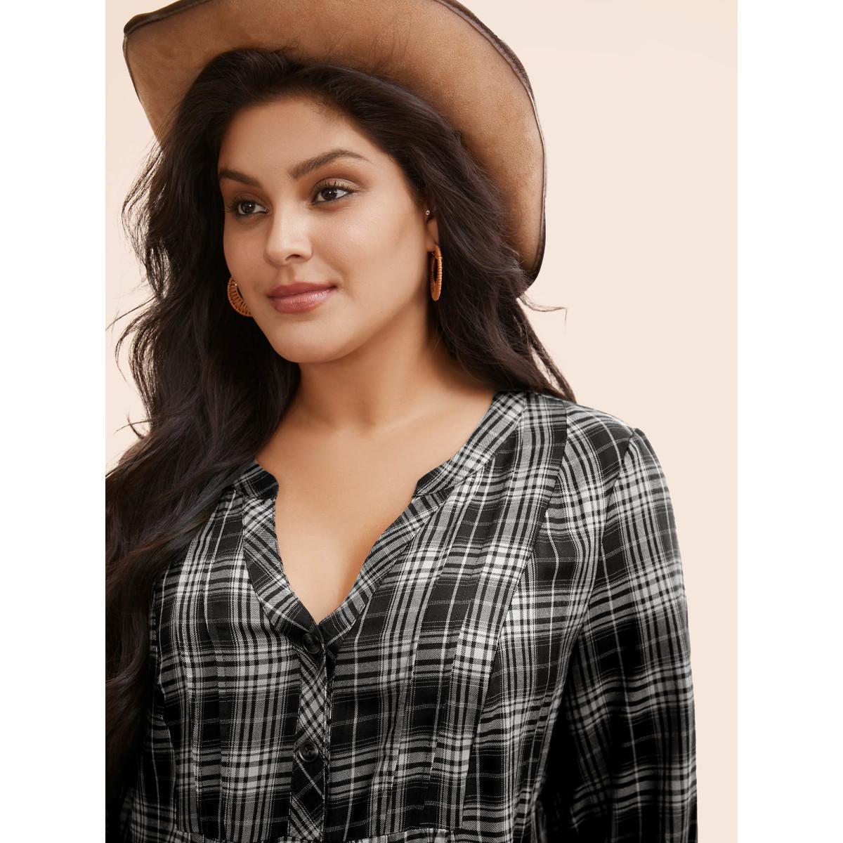Plus Size Multicolor Plaid Pleated Button Placket Blouse Women Elegant Elbow-length sleeve Flat collar with V-notch Everyday Blouses BloomChic 14-16/1X Product Image