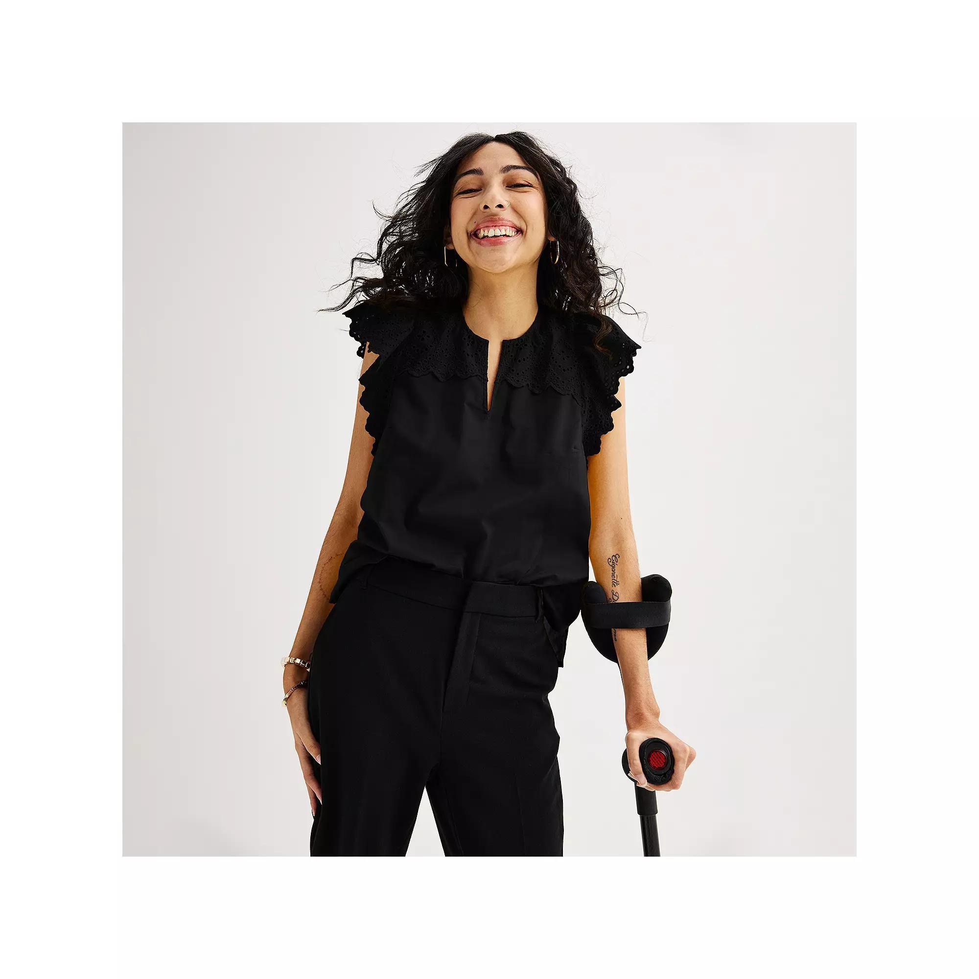 Women's Nine West Adaptive Easy Dressing Lacey Flutter Sleeve Top, Size: XS, Mineral Black Product Image
