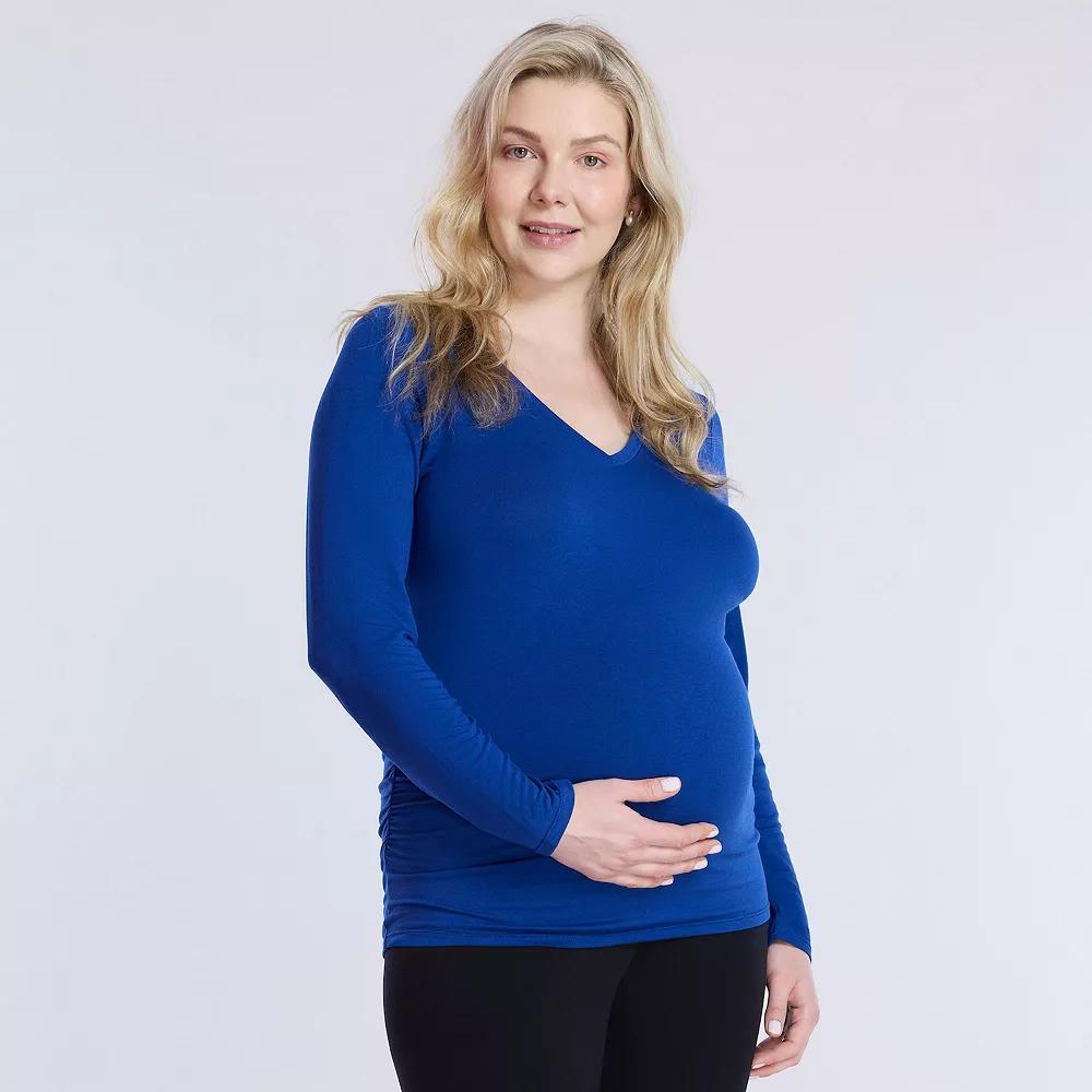 Maternity Motherhood® V-Neck Side Ruched Long Sleeve Tee, Women's, Size: Medium-Mat, White Product Image