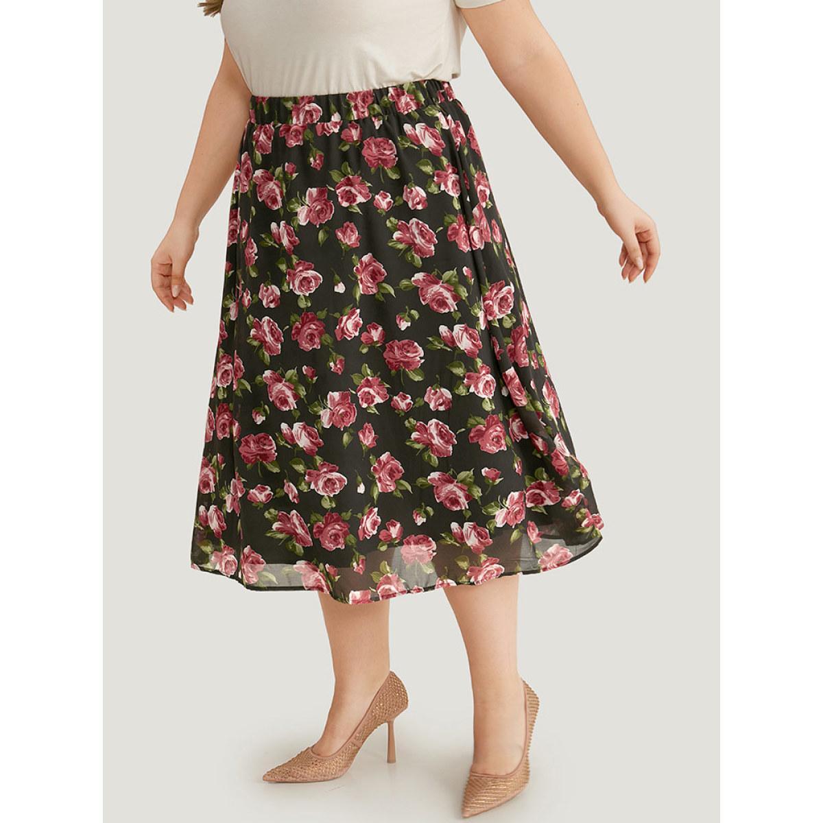 Plus Size Floral Print Mesh Elastic Waist Skirt Women Black Elegant Lined No stretch Dailywear Skirts BloomChic 22-24/3X Product Image