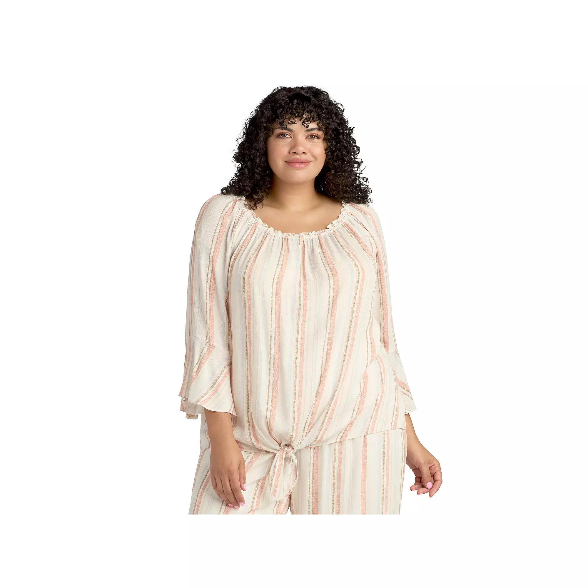 Plus Size AB Studio Off Shoulder Bell Sleeve Top, Women's, Size: 0X, B Pink Stripe Product Image